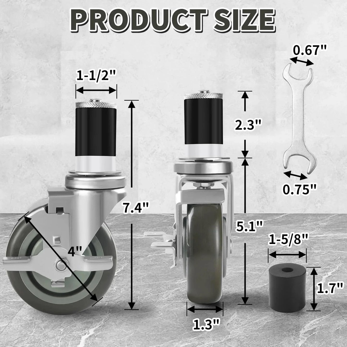 Dimensions of 4 Inch Prep Table Caster Wheels Set Of 4 With Expanding Stem From One And A Half Inch To One And Five Eighths Inch Swivel Casters with side brake, wrench, and spacer.