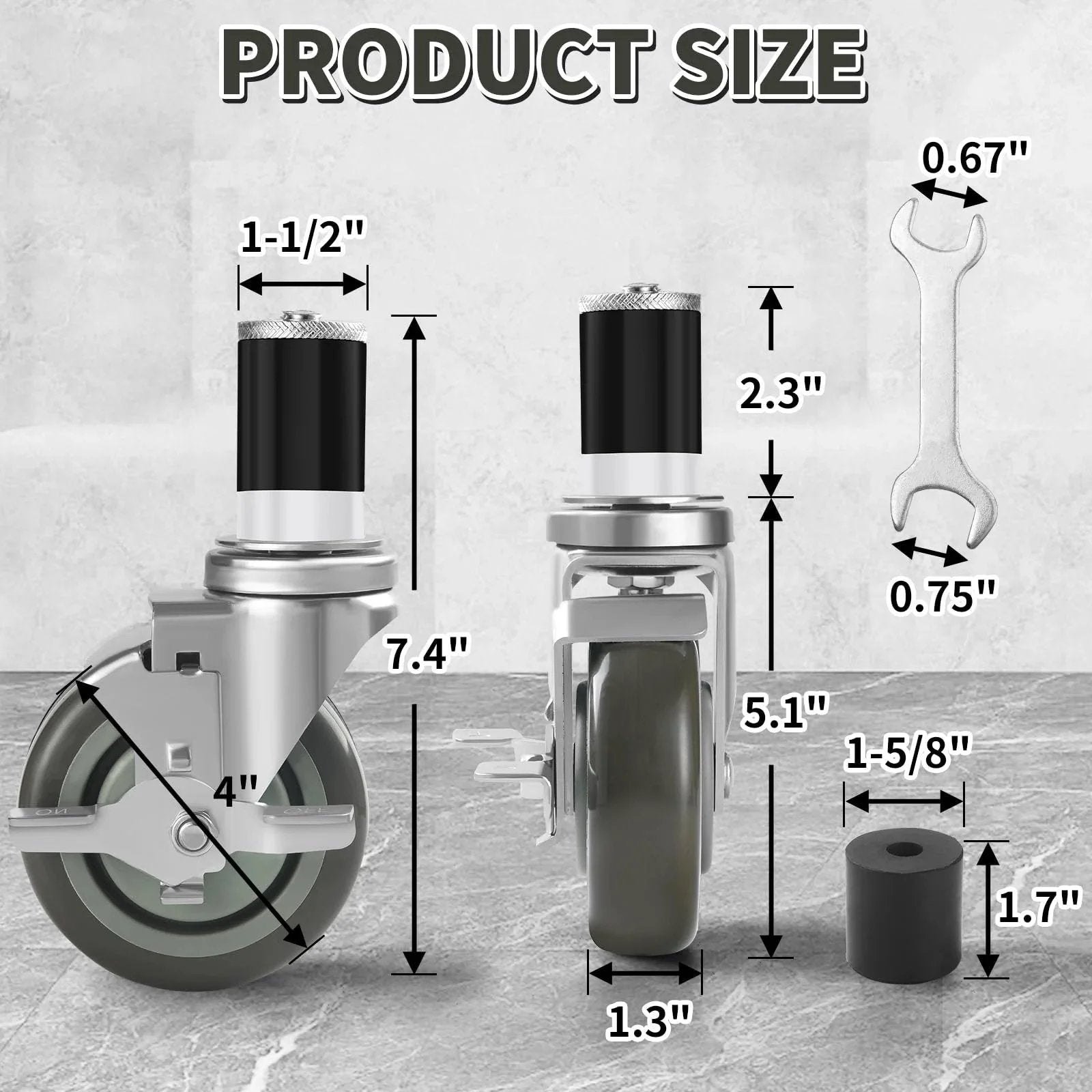 Dimensions of 4 Inch Prep Table Caster Wheels Set Of 4 With Expanding Stem From One And A Half Inch To One And Five Eighths Inch Swivel Casters with side brake, wrench, and spacer.