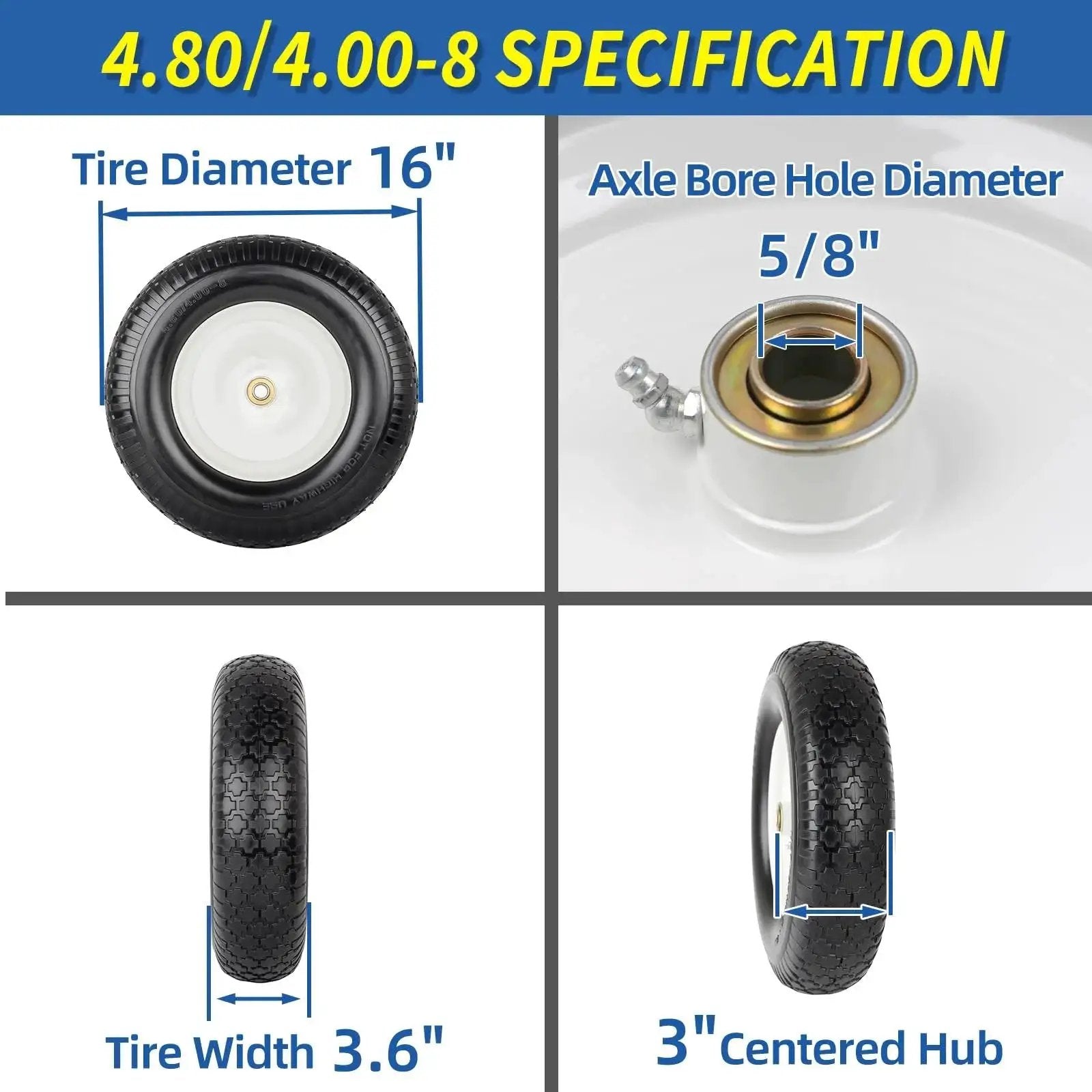 Product specifications of 16 Inch Flat Free Solid Tire And Wheel For Garden Carts Wheelbarrows And Lawn Mowers Tire Size 4.80 4.00 8