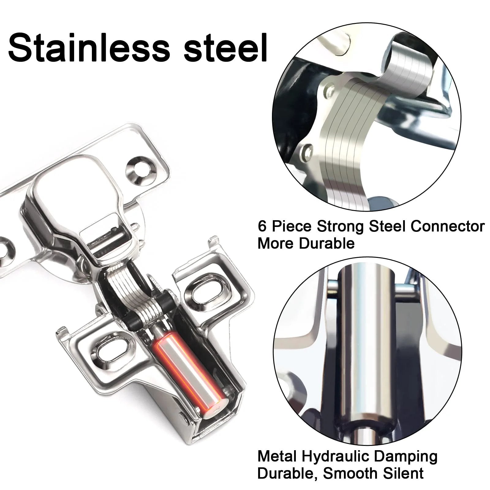 Close-up of 24 Pack Half Inch Overlay Soft Close Cabinet Hinges For Kitchen Cabinets With 100 Degree Opening Angle In Stainless Steel.