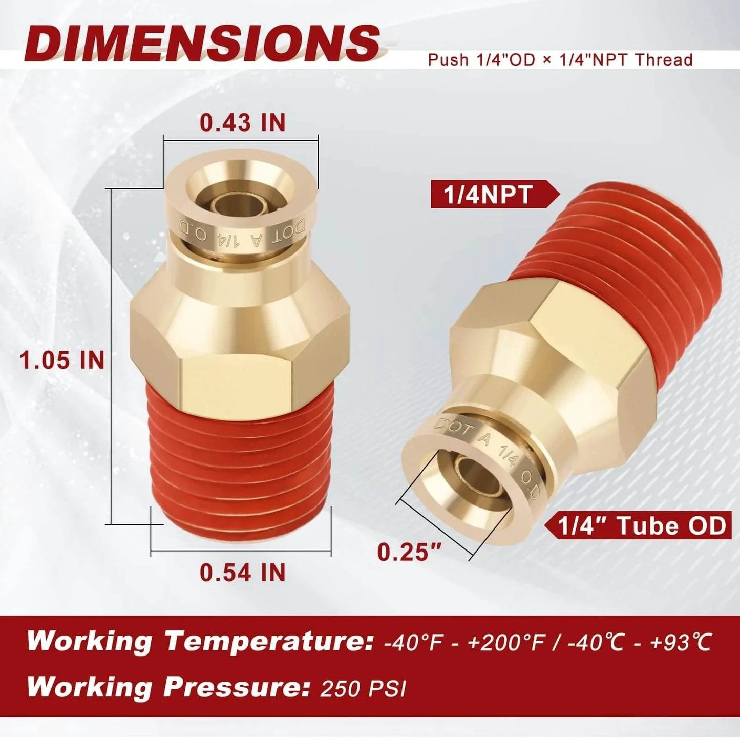 1/4 Inch Quick Push To Connect Brass Union Straight Fitting High Quality DOT Approved For Tube OD X NPT Thread Air Line Adapter Suspension Kit For Truck Trailers And Brake System 4pcs, dimensions and specifications shown.