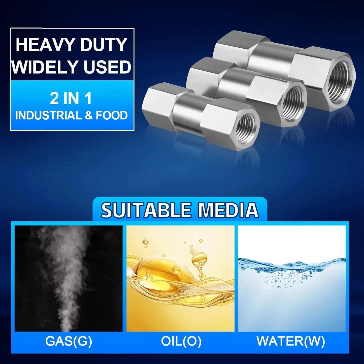 Heavy Duty Stainless Steel 304 One Half Inch NPT Spring Check Valve Built For Industrial Use With 1000 PSI Rating And Minus Twenty Celsius To Two Hundred Celsius Operating Range Two Port NPT Connections displayed with gas, oil, water suitable media.