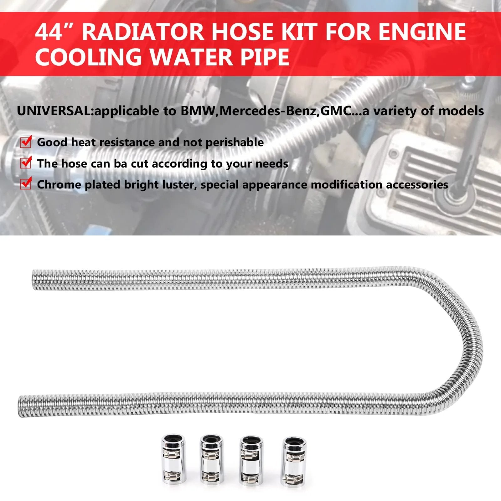 Flexible 44 Inch Stainless Steel Heater Hose Kit Universal For 5/8 And 3/4 Inch Necks With Adjustable Length And Clamp, Includes Two Hoses And Four Chrome Caps In Silver Finish For Easy Install And Smooth Fit