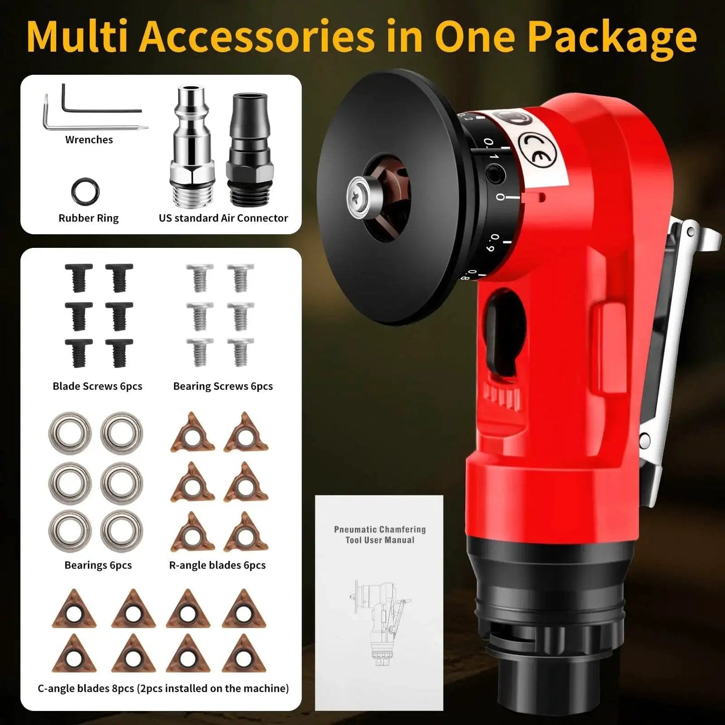 2 In 1 Pneumatic Chamfer Tool For Deburring And Beveling with attachments, bearings, blades, and manual, 45° arc bevel design