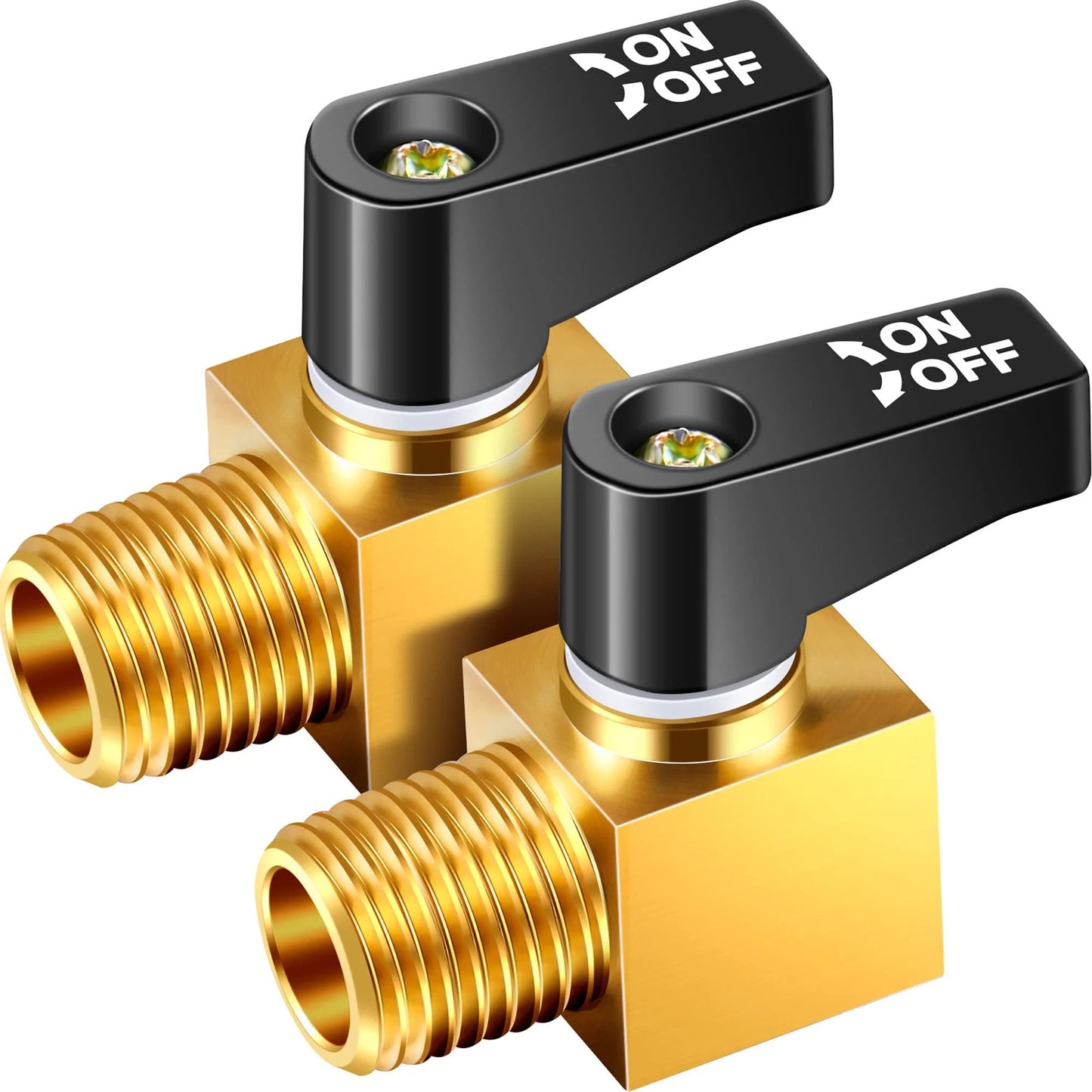 Mini Metal Ball Type Air Tank Drain Valve With Brass Body For Air Compressors One Quarter Inch NPT Male To Female Replaces Cocks And Drains Water Thoroughly To Keep Gas Clean And Tanks Safe Pro Grade 2 Pack By Tondiamo, front view of two brass valves.