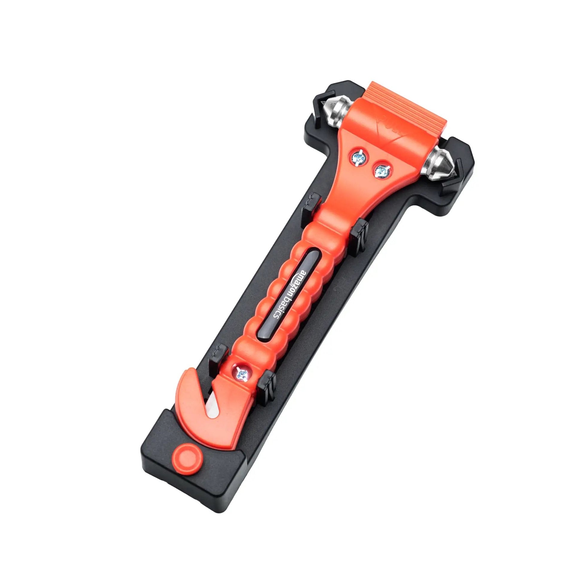 Emergency Car Escape Tool With Window Hammer And Seat Belt Cutter Two Pack Bright Orange Handle for quick vehicle rescue on black mount.