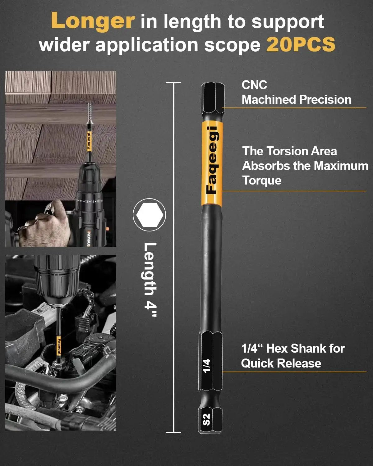 20 Piece 4 Inch Impact Hex Bit Set With Dual Metric And SAE Sizes High Torque S2 Steel Quarter Inch Hex Shank Magnetic CNC Tips For Drill And Driver Built For Tough Home And Automotive Repairs Faqeegi, front view showing tool in automotive repair.