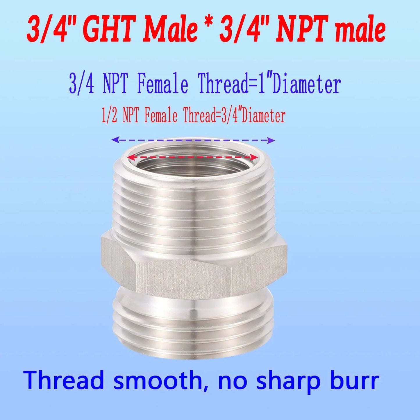 Three Quarter Inch GHT Male To Three Quarter Inch NPT Male Connector With One Half Inch NPT Female 304 Stainless Steel Garden Hose Fitting Adapter