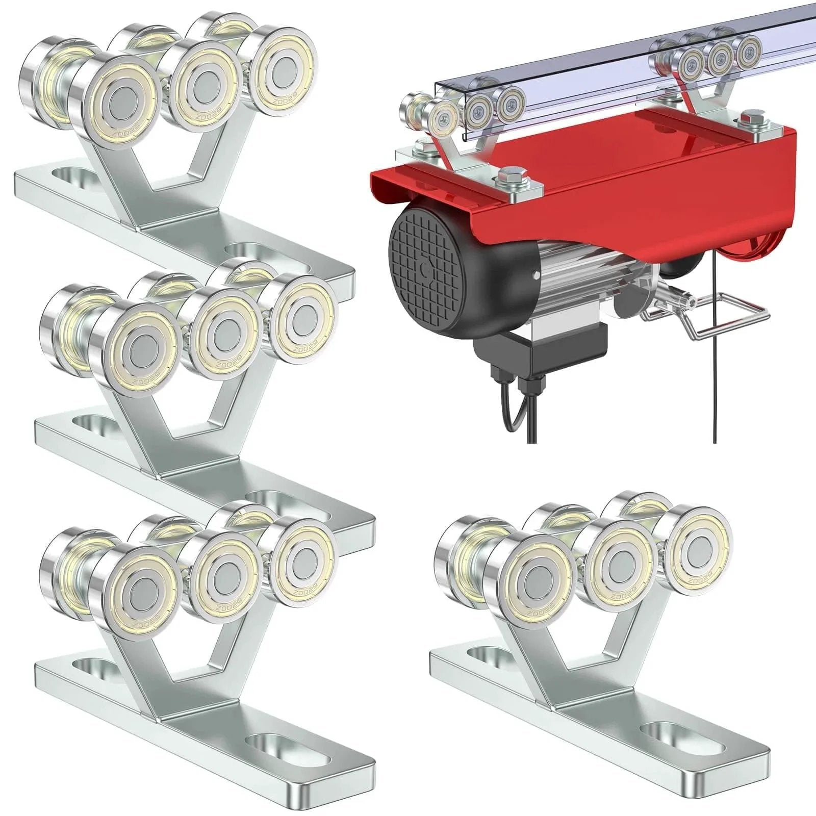 Six Wheel Trolley Assembly For Electric Hoist With Silent Rollers Easy Installation Compatible With Unistrut One And Five Eighths Inch Wide Or Taller Strut Channel Four Pack Designed To Support Up To Seven Hundred Fifty Pounds, shown installed on strut channel with hoist.