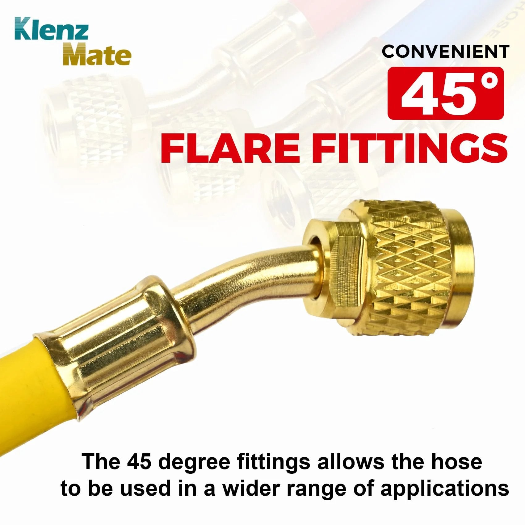 Close-up of Heavy Duty Refrigerant Charging Hose Set With Color Coded Hoses in Yellow, 45-degree flare fitting visible.
