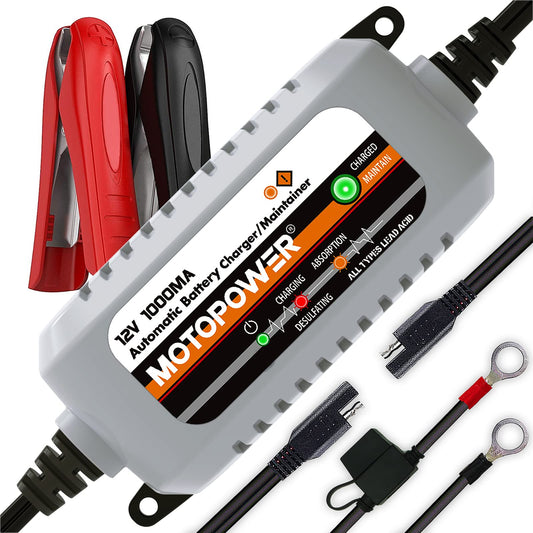 12V Automatic Battery Charger and Maintainer With Desulfator Trickle Charger and Timer Protection For All Lead Acid Batteries Including AGM And Gel Cells Compact And Rugged Grey