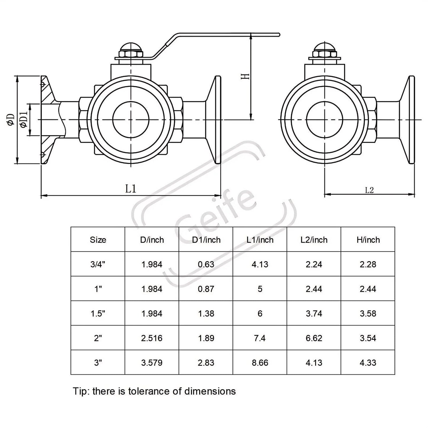 Technical drawing of 2 Inch Tri Clamp Sanitary Ball Valve 3 Way T Port with dimensions and specifications on a diagram.