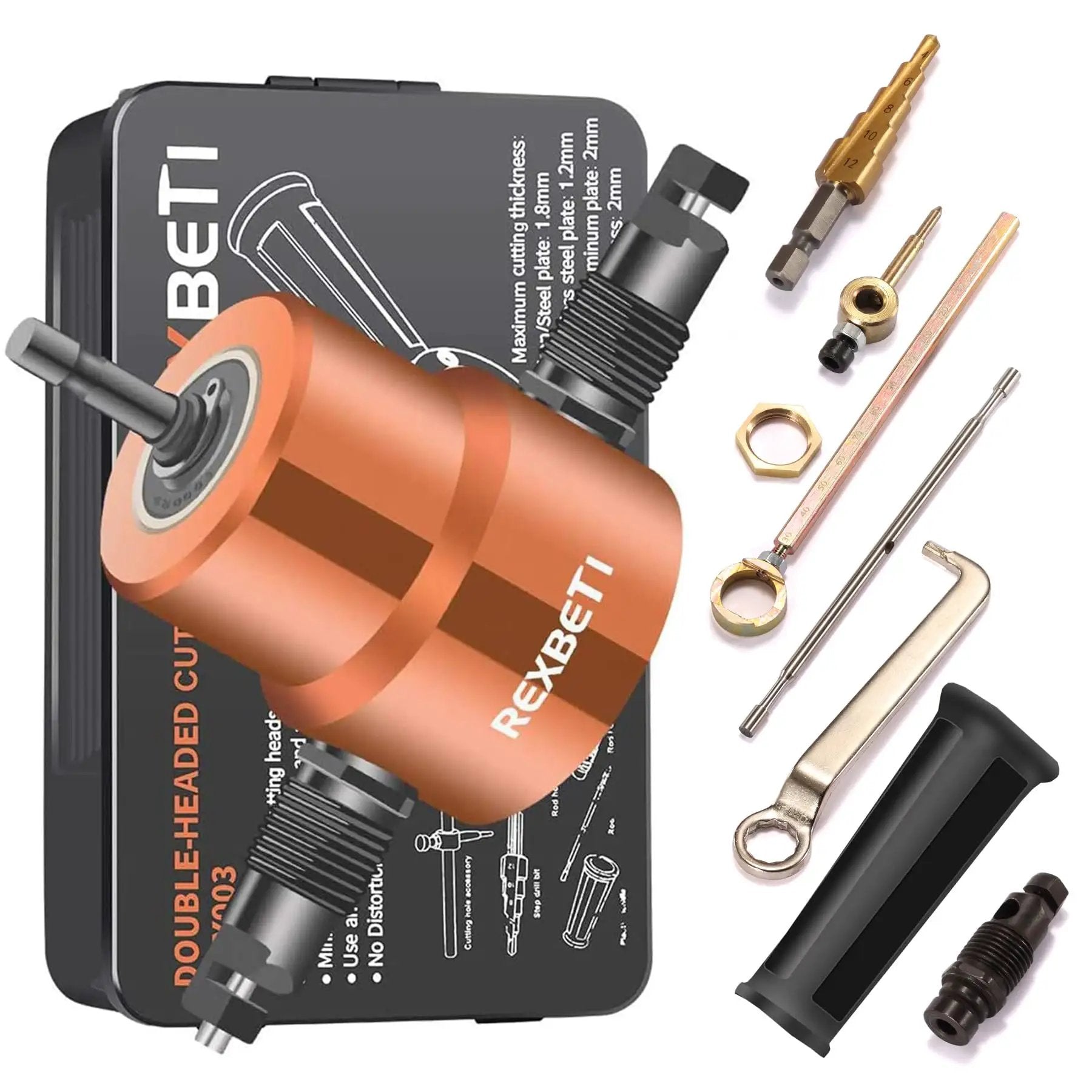 Heavy Duty Dope Double Headed Sheet Metal Nibbler For Straight Curve And Circle Cutting Drill Attachment With Extra Punch And Die Includes Hole Cutter And Step Drill Bit 360 Degree Cutting Head 14 Gauge HSS Blades Gold