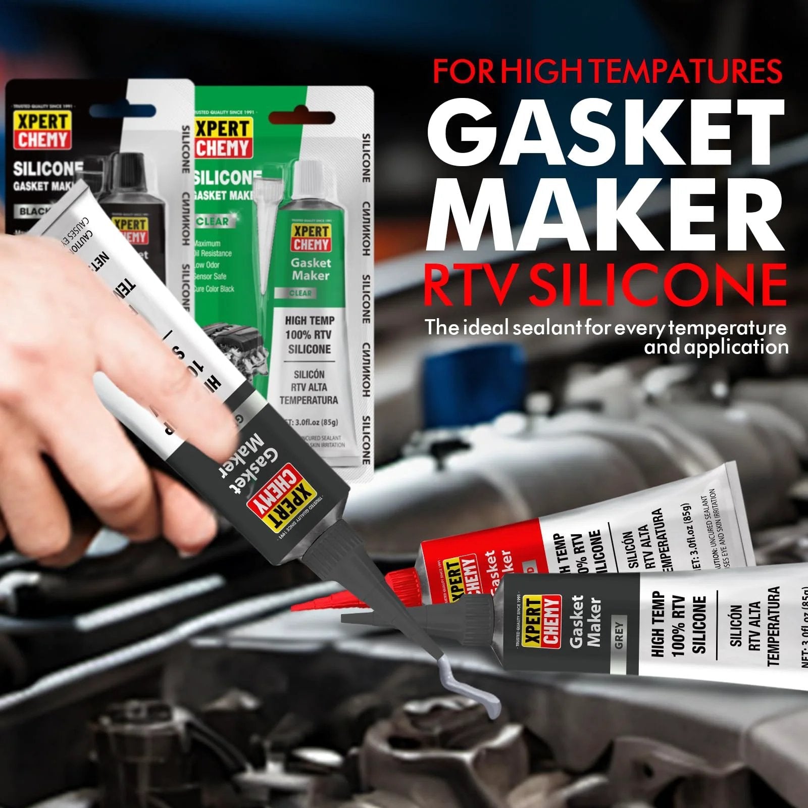 RTV Silicone Gasket Maker for Automotive High Temp Sealant Anti Freeze and Oil Resistant Bonding with packaging and engine application