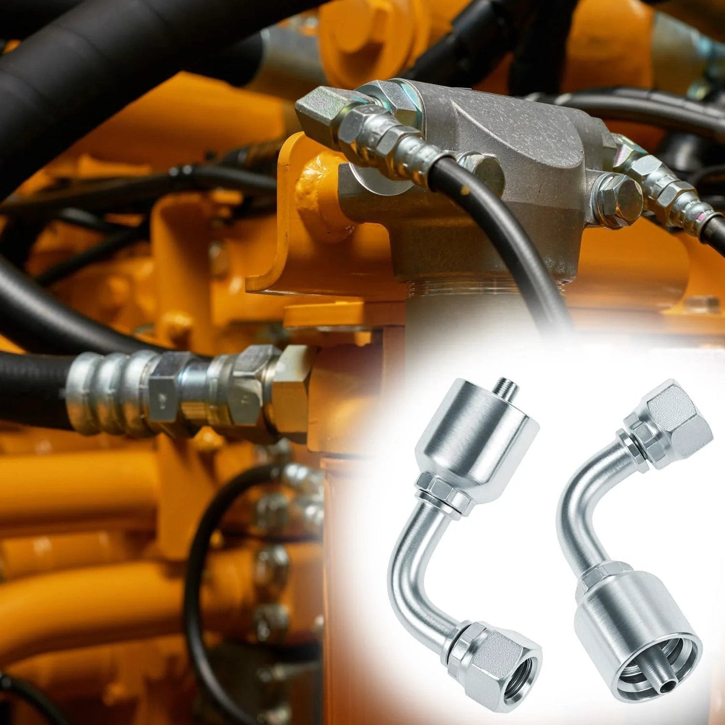 Close-up of 10 Pack 1/4 Inch Hydraulic Fittings Set QWORK 1/4 Inch JIC 37 Degree Female 90 Degree Swivel Crimp Fittings installed in machinery.