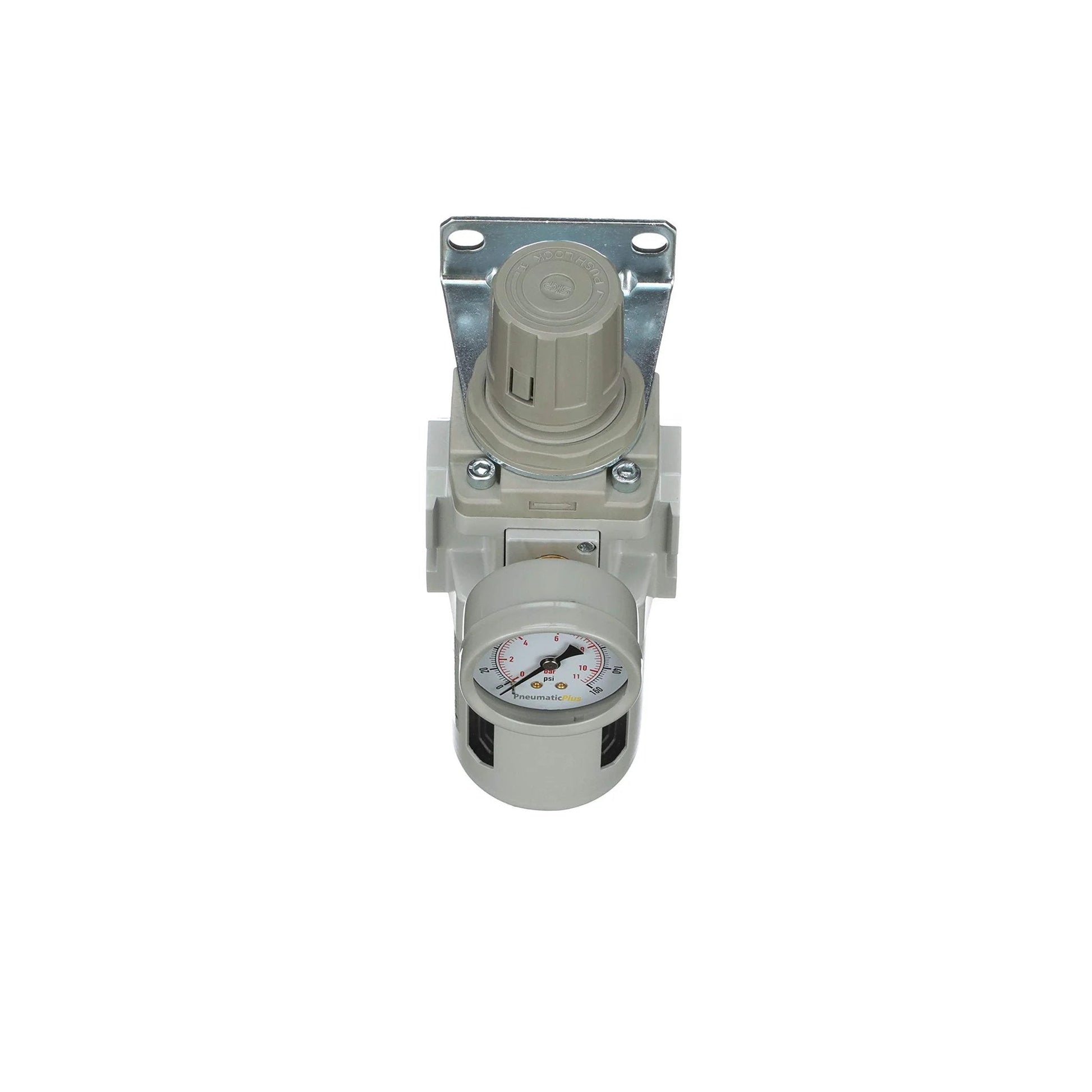 Top view of All In One One Half NPT Compressed Air Filter Regulator Piggyback Combo With Manual Drain Poly Bowl Bracket And Gauge