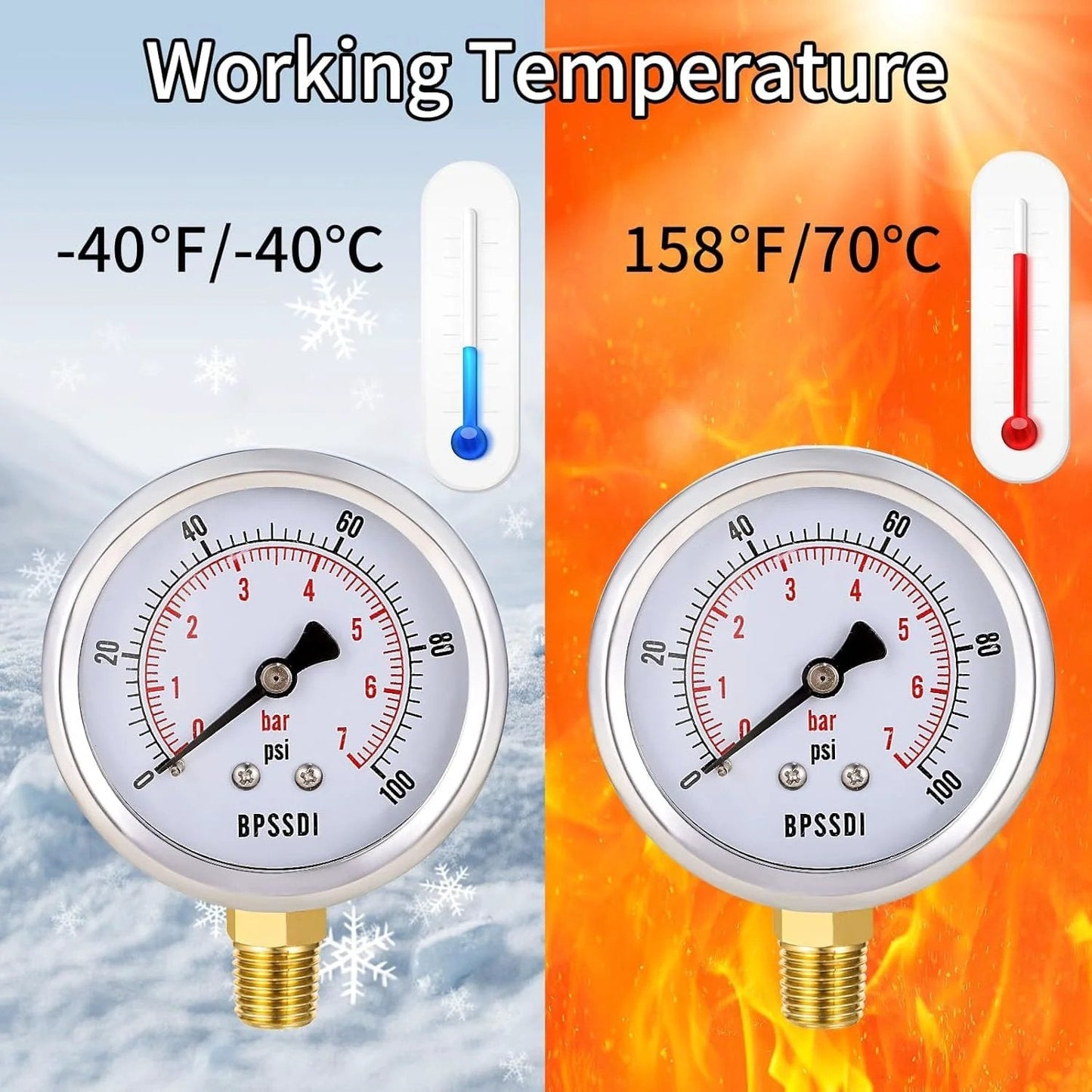 Lead Free 100 Psi Vacuum Water Pressure Gauge With 2.5 Inch Dial And One Quarter Inch G Lower Mount, 304 Stainless Steel Case, dual temperature scale