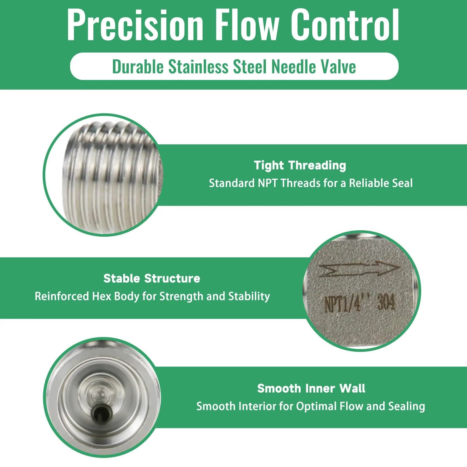 Pro Grade Stainless Steel Needle Valve One Quarter Inch NPT Male Straight High Pressure Flow Control For Water Oil Gas Systems 900 PSI 304 Stainless Durable For Industrial And Lab Use, showing close-up of threading, hex body, and inner wall.