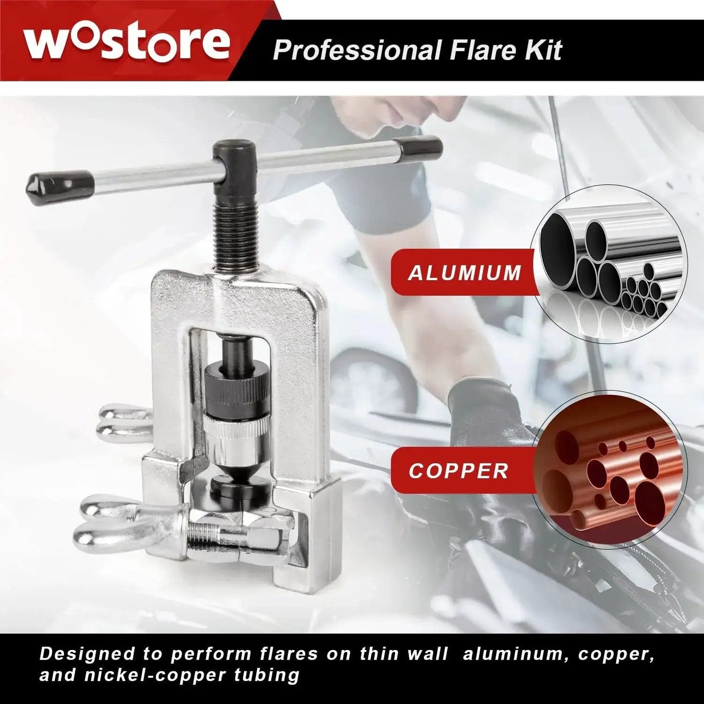 Brake Line Flare Kit for SAE Flares with Tubing Cutter and Pipe Reamer 7 Sizes shown with automotive use and tubing materials.