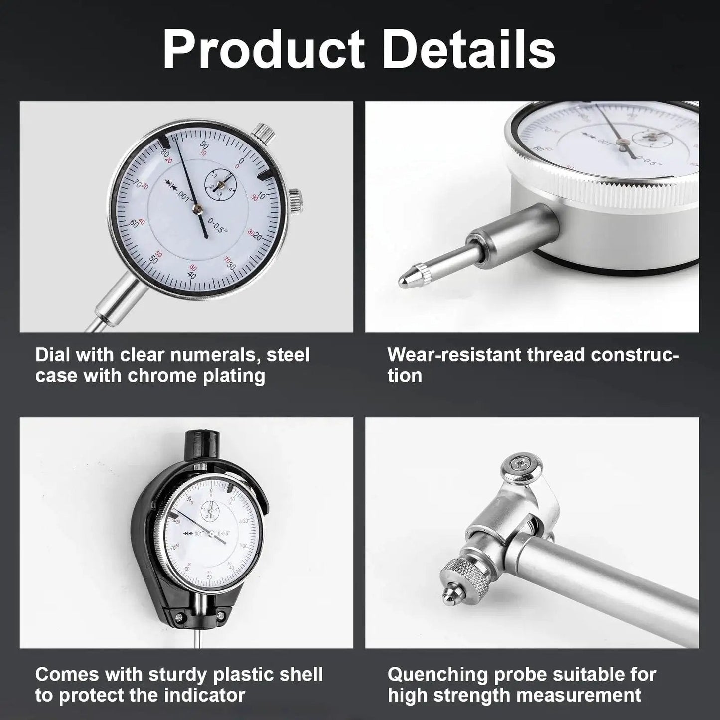 Pro Grade Bore Gauge Set 2 To 6 Inch Range With 0.001 Inch Accuracy For Engine Cylinders, details of dial and construction