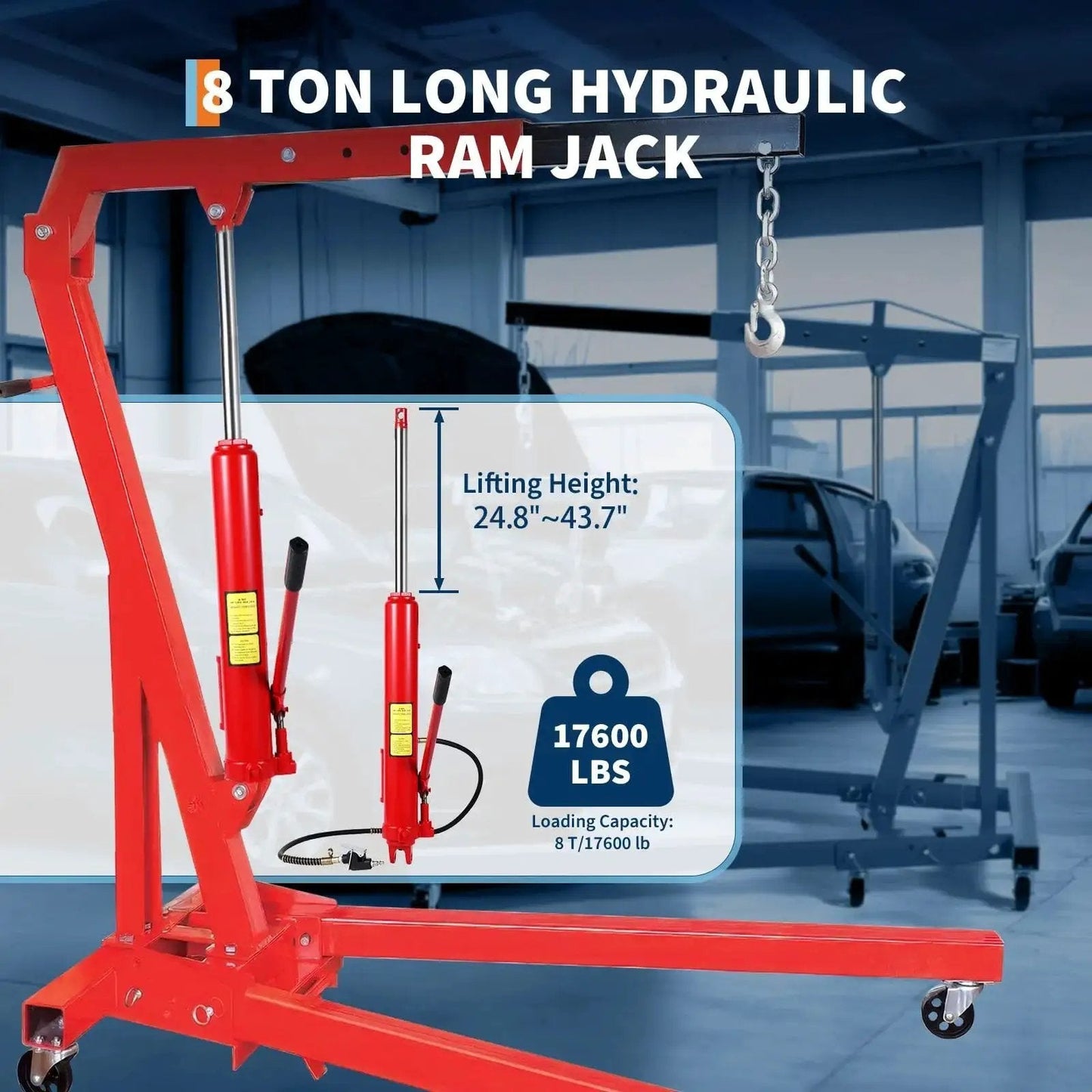 8 Ton Air Hydraulic Long Ram Jack For Engine Hoists And Cranes Clevis Base in workshop setting