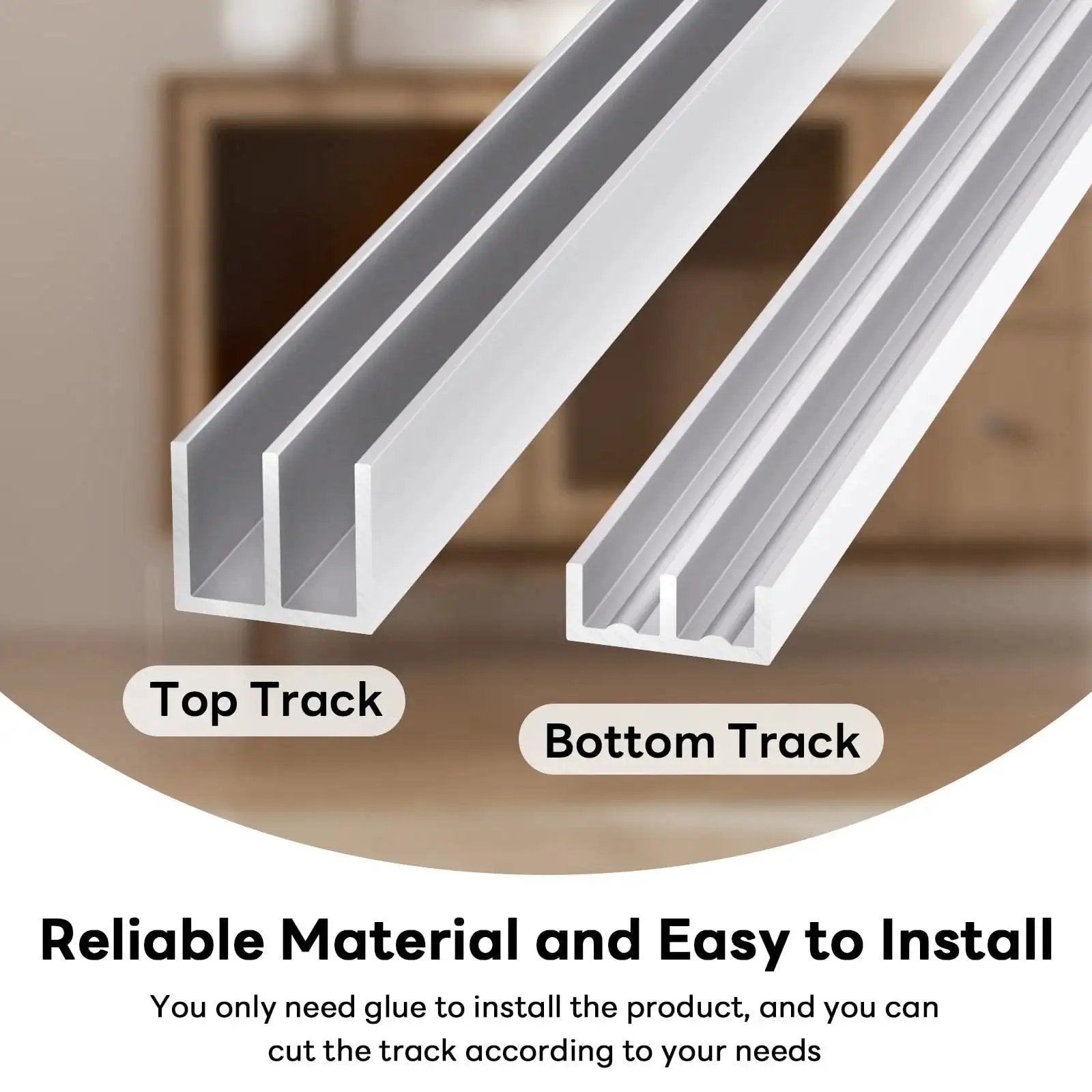 Close-up of Complete Aluminum Sliding Door Track Kit with two upper and two lower tracks, silver finish, for cabinet doors.