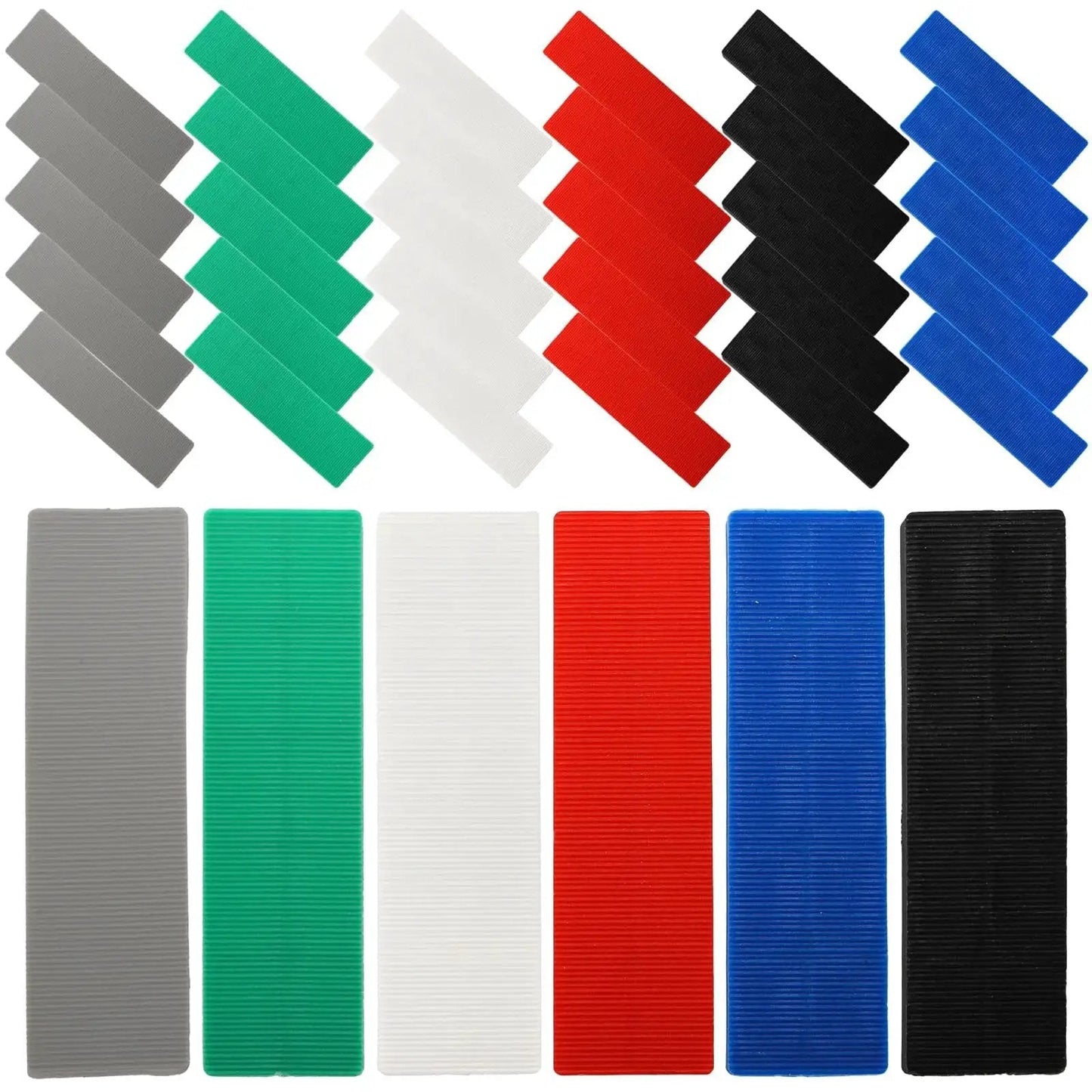 Bulk 300 Piece Plastic Flat Shim Set For Leveling And Tile Installation Color Coded By Thickness From 1mm To 6mm With Grey Green White Red Blue Black Shims