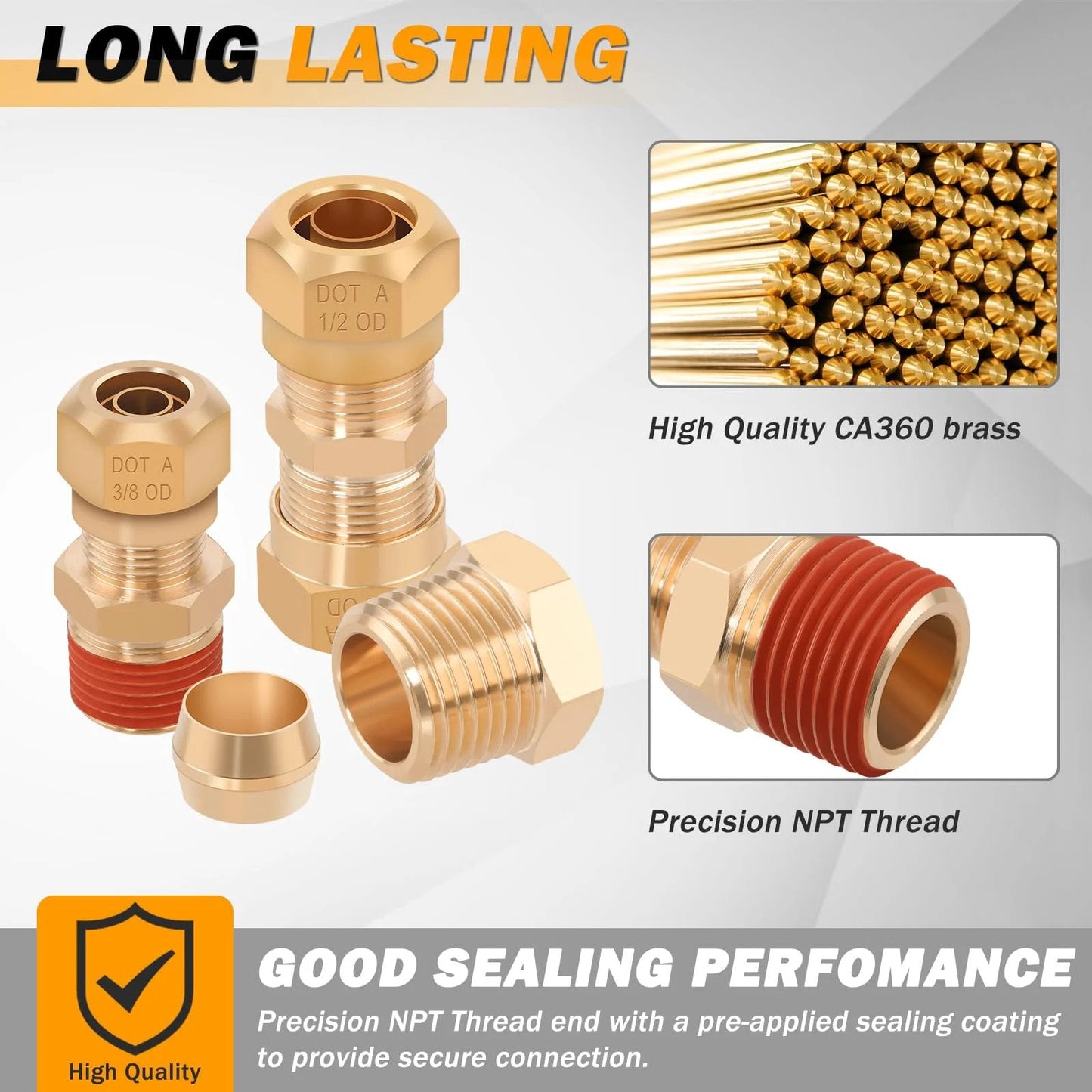 Heavy Duty Brass DOT Air Brake Fittings Kit, 86 Pieces, Compression Adapters with illustrations of CA360 brass and NPT thread.