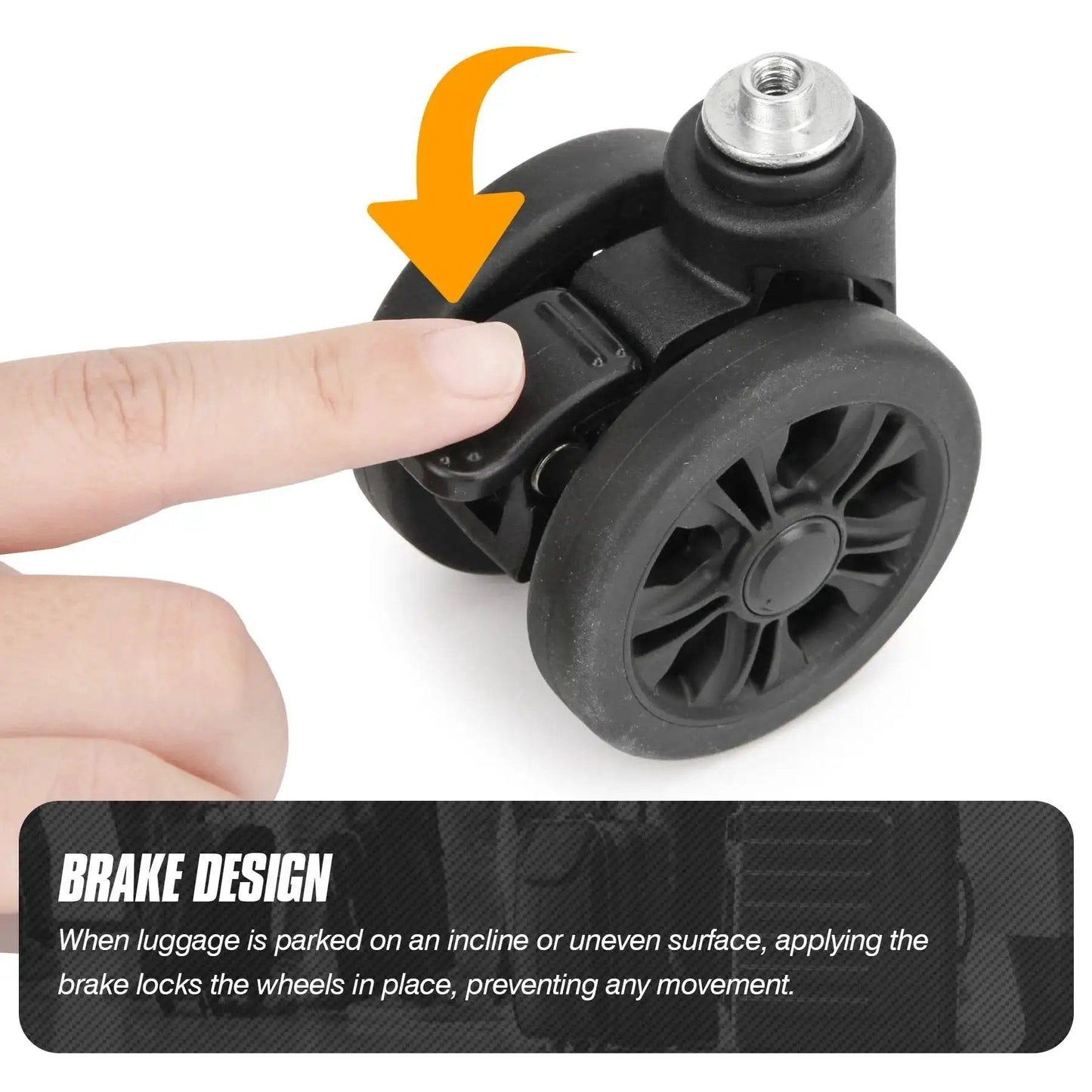 Finger operating brake on Universal Luggage Replacement Wheels With Brake System 360 Swivel for Travel Suitcases, 55mm wheel.