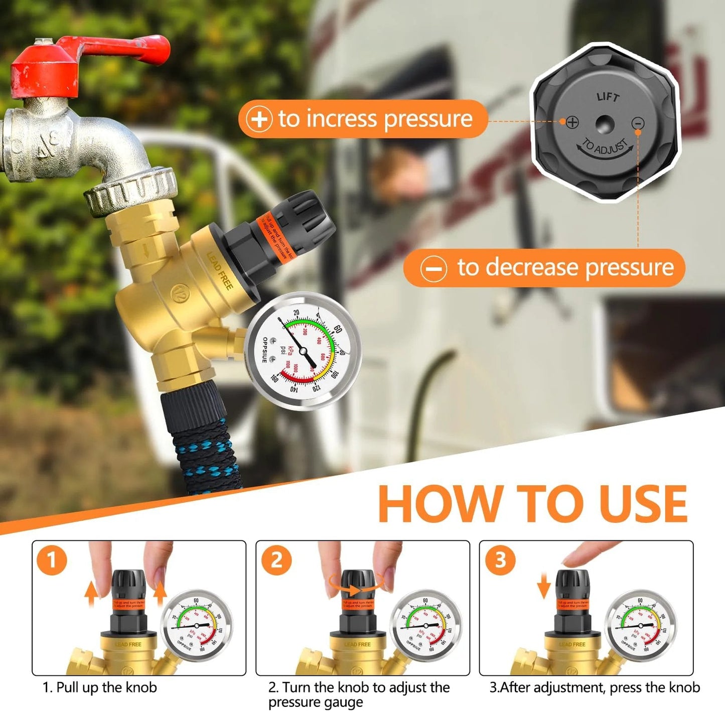 RV Water Pressure Regulator With Colorful Gauge And Hand Adjustable Knob Lead Free Brass Reducer With Inlet Screen Filter NH Thread For RV Camper Travel Trailer Water Hose Easy To Use And Protects Pipes On The Road installed on a water hose with use instructions