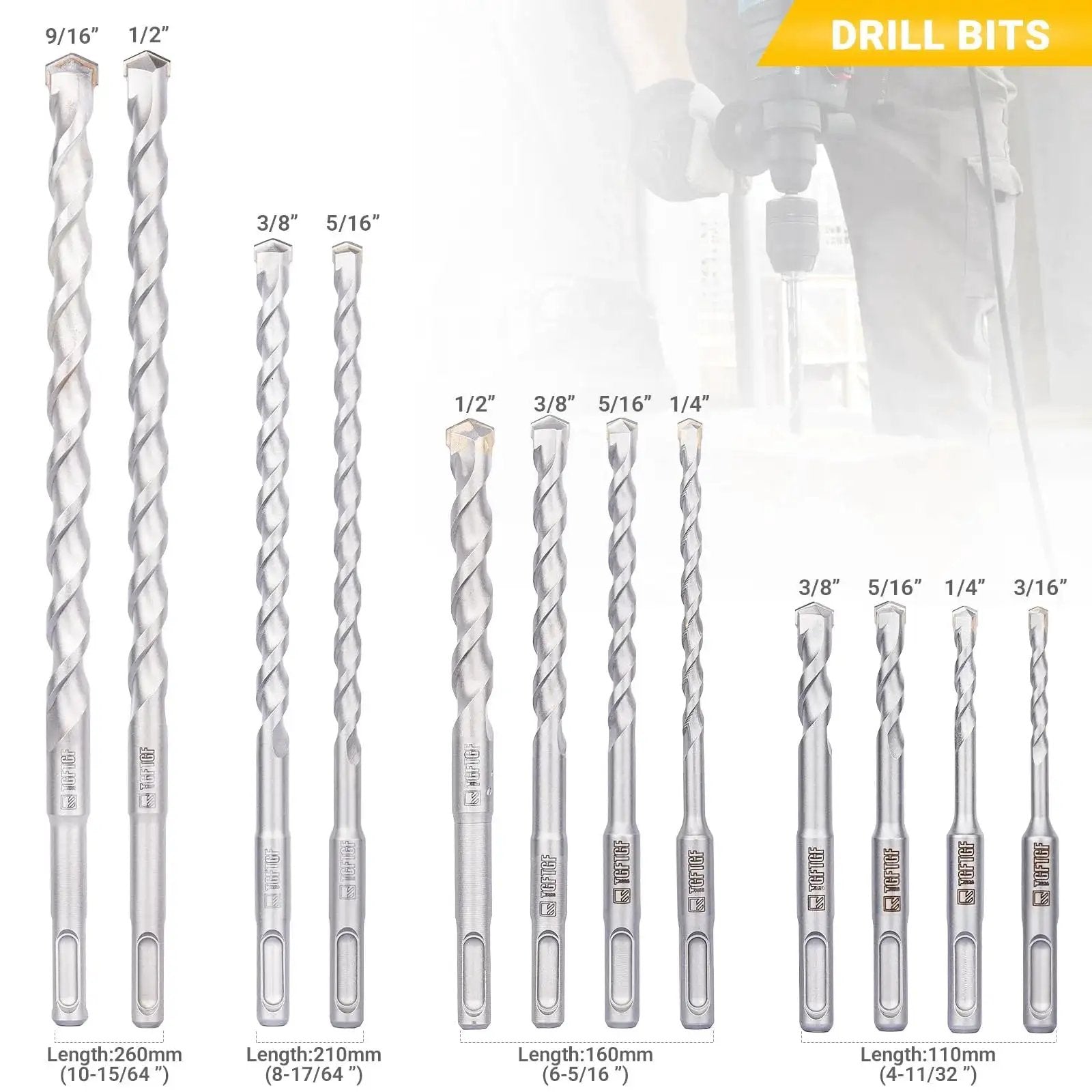 17 Piece SDS Plus Rotary Hammer Drill Bits And Chisel Set With YG8C Carbide Tips for concrete, brick, and stone projects.