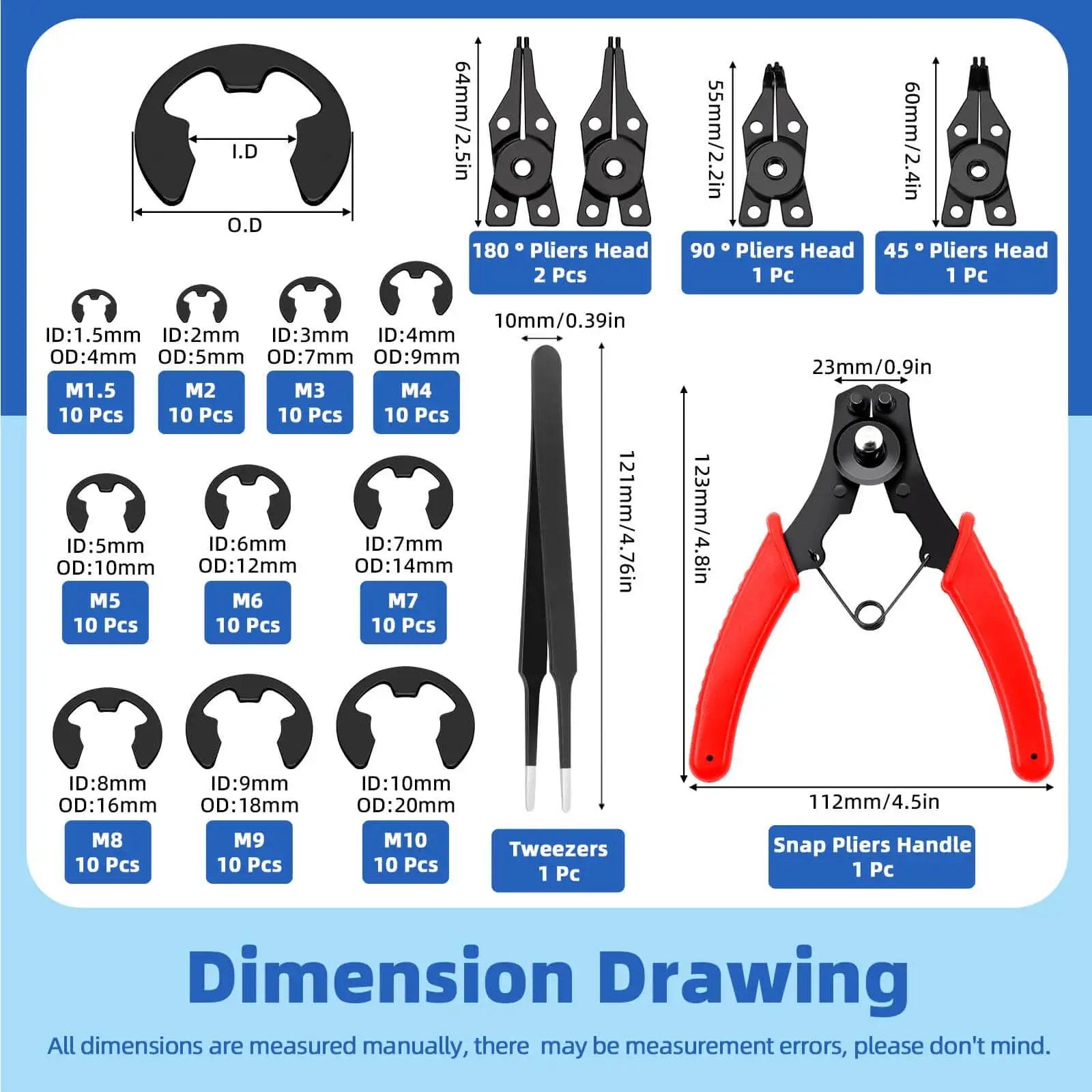 Do-It-Yourself Ready Circlip And E-Clip Kit With Snap Ring Plier Set And Tweezer, 312Pcs 65Mn Steel Assortment with size dimensions