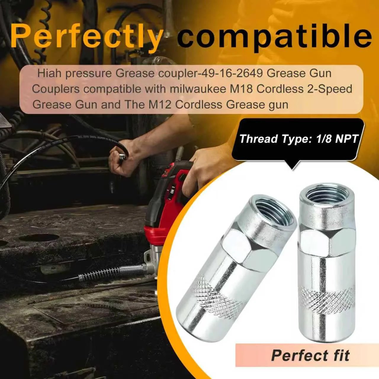 Heavy Duty Replacement Coupler Tips 4 Pack For Cordless Milwaukee Grease Guns M18 And M12 49-16-2649 Fits 2448-20 2449-20 2450-20 Pro Grade Zerk Tips For Easy Mess-Free Lubrication On The Job with person using red grease gun and close-up of coupler tips.