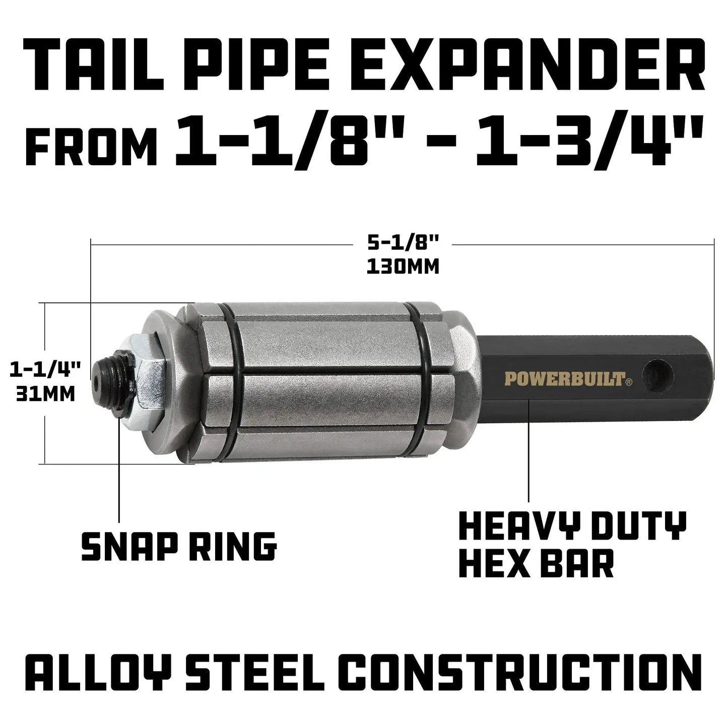 Tailpipe Expander Fits One Eighth To One And Three Quarters Inches Exhaust Pipe, alloy steel construction, front view with dimensions