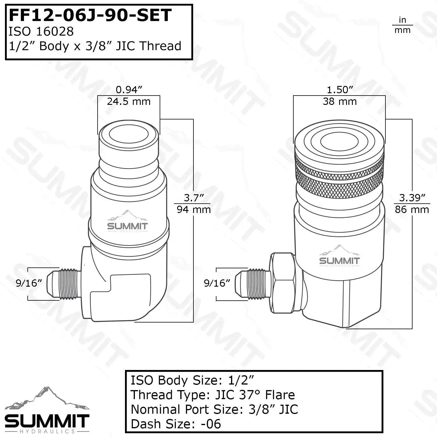 Technical drawing of 90 Degree Flat Face Skid Steer Hydraulic Quick Connect Coupler Set for 12 GPM Systems with ISO body size.