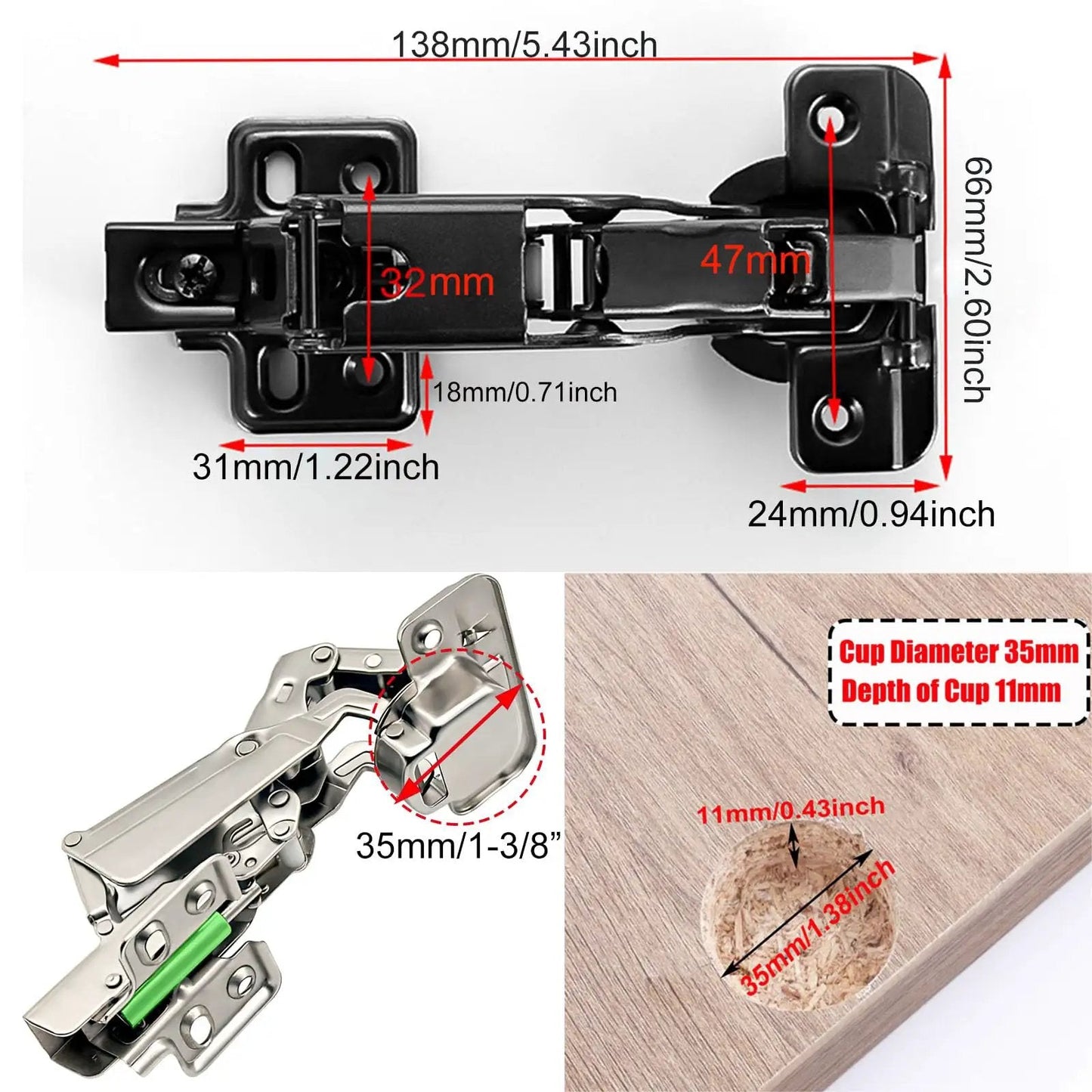165 Degree Soft Close Cabinet Hinges 2 Pack For Frameless Kitchen Cabinets, Lazy Susan Corners, Folding Doors, Corner Cabinets And Wardrobes, Heavy Duty Cold Rolled Steel Hardware By JinBoCheng showing hinge dimensions and installation.