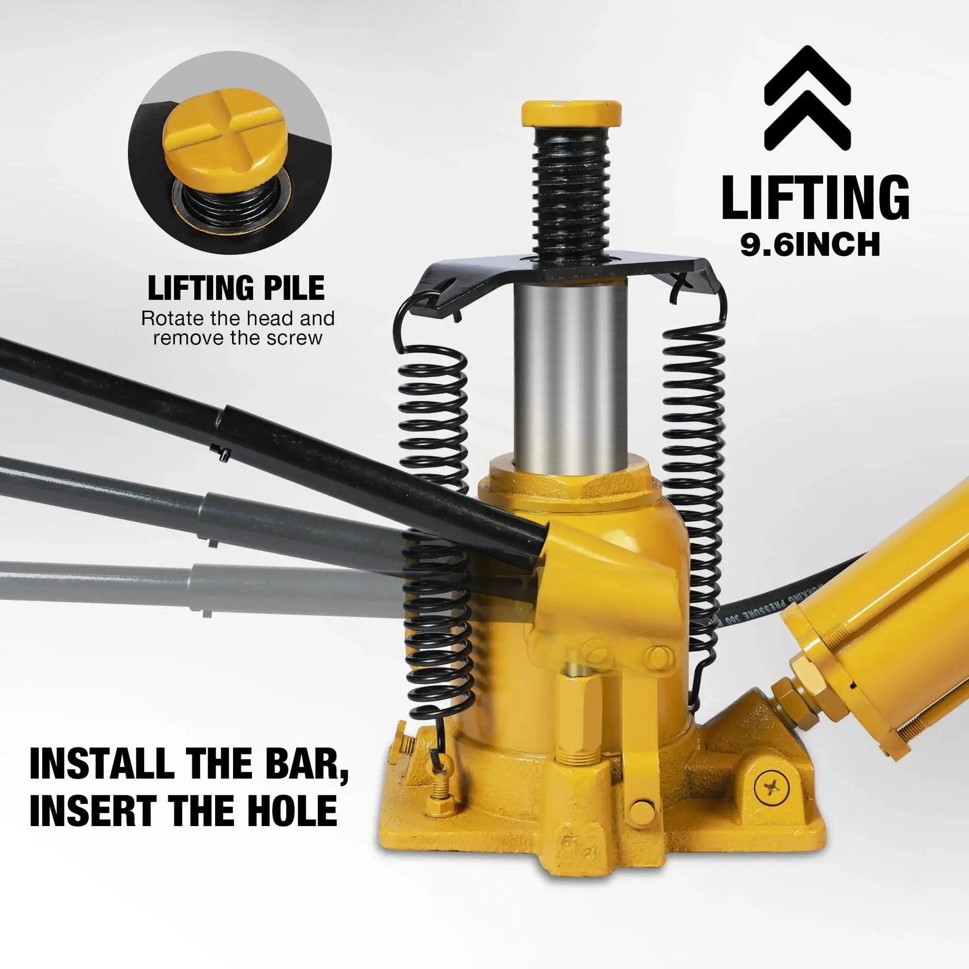 Low Profile 20 Ton Air Bottle Jack With Aluminum Pump And Slow Release, showing lifting mechanism and instructions.