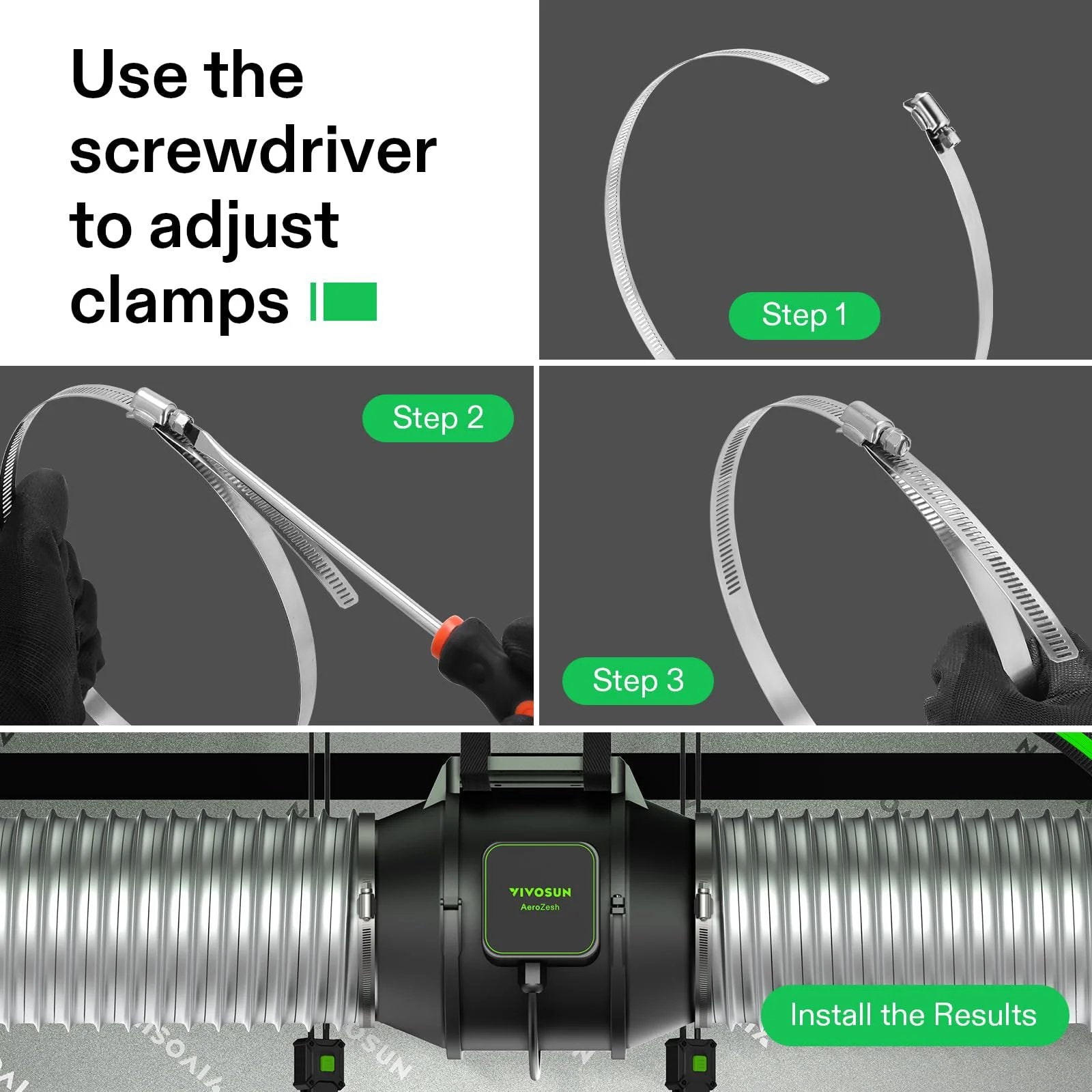 Diagram showing installation steps for Beefy Stainless Steel Duct Clamps For Air Ducting And Ventilation, Adjustable Worm Drive Hose Clamps.