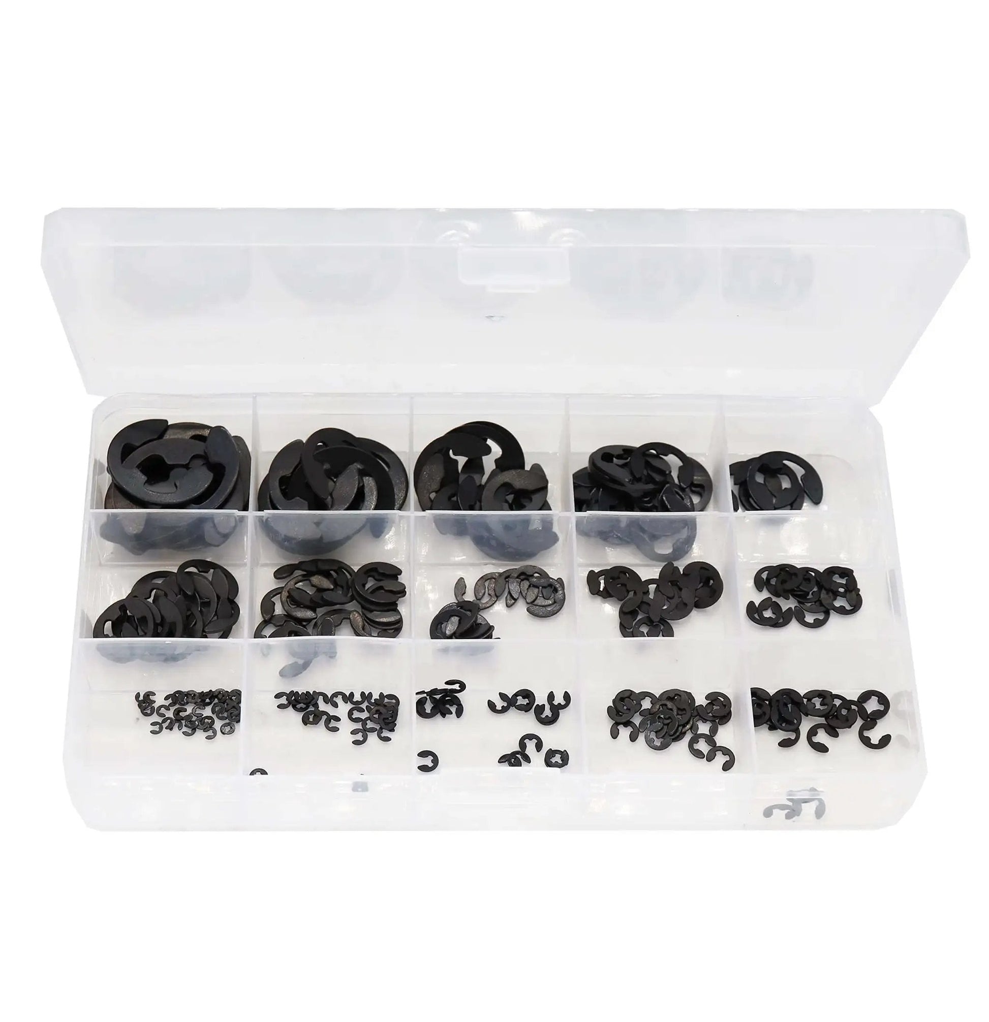 Metric E Clip Retaining Ring Kit By BinifiMux 225 Pieces 15 Sizes Ranging 1.2mm To 15mm Black Steel Snap Ring Assortment