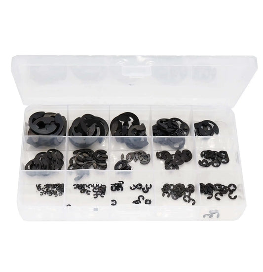 Metric E Clip Retaining Ring Kit By BinifiMux 225 Pieces 15 Sizes Ranging 1.2mm To 15mm Black Steel Snap Ring Assortment