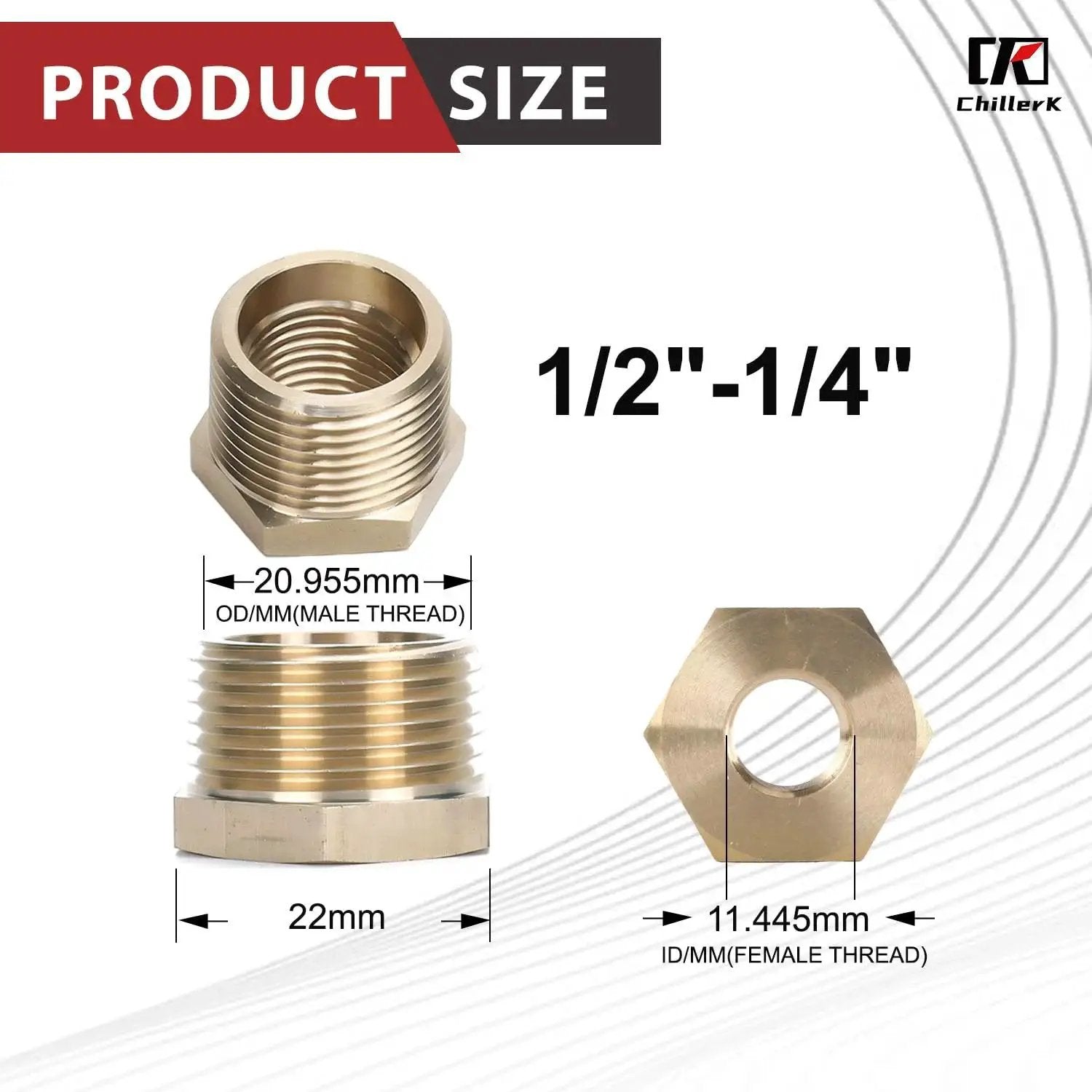 Brass reducing bushing with dimensions, showing 1/2 to 1/4 inch NPT threads, pack of five, 1200 PSI for water, air, and gas lines.