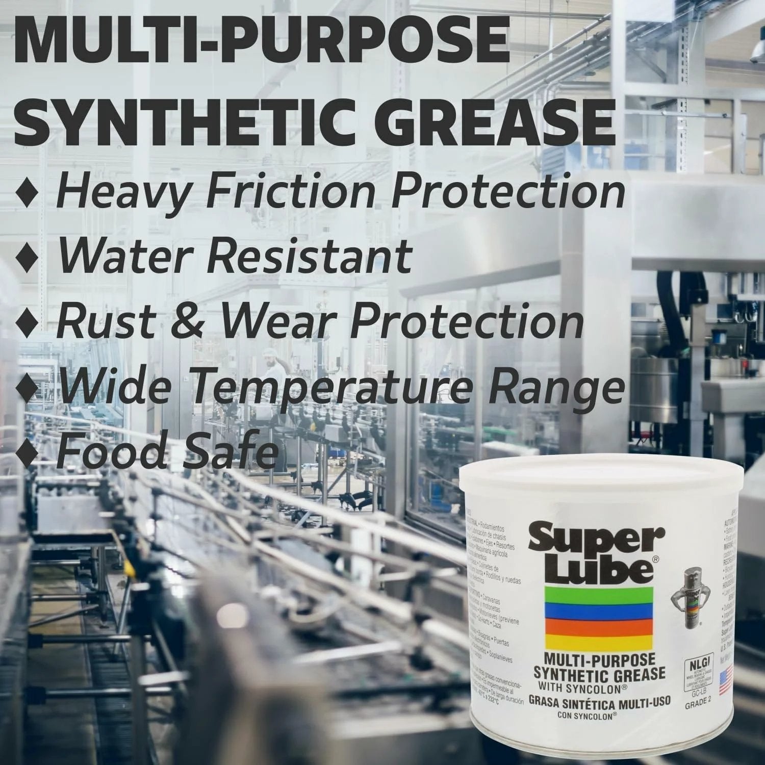 All Purpose Synthetic Grease With Syncolon For High Temperature Performance Water And Corrosion Resistance Food Grade Lubricant For Tools Gears Bearings And Industrial Use 14.1 oz Canister By Super Lube on factory conveyor.