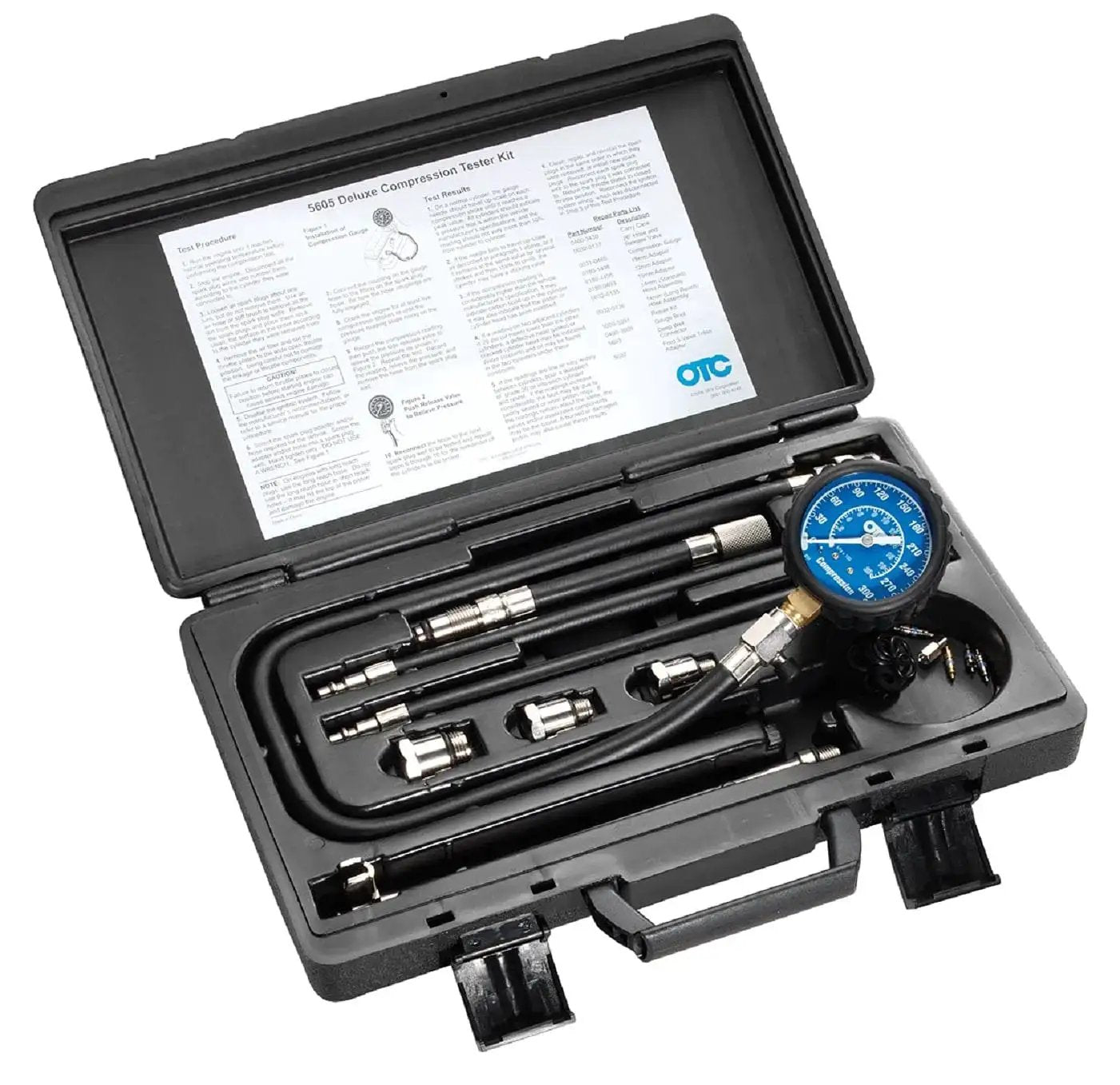 Gasoline Engine Compression Tester Kit With Deep Well And Ford Triton Adapter in carrying case showing components and gauge