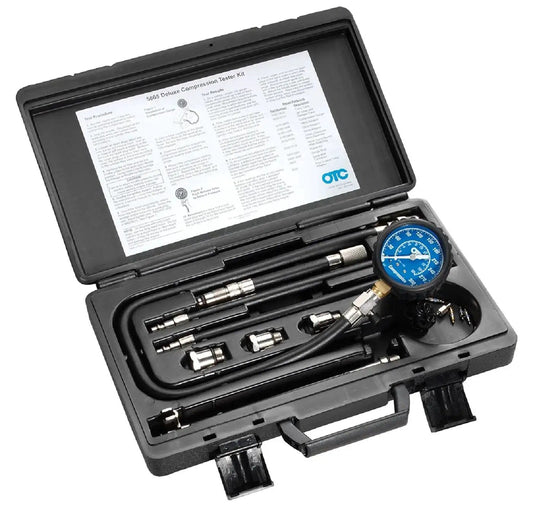 Gasoline Engine Compression Tester Kit With Deep Well And Ford Triton Adapter in carrying case showing components and gauge
