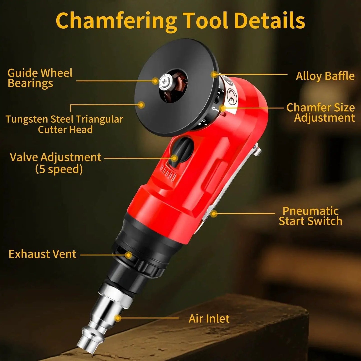 2 In 1 Pneumatic Chamfer Tool For Deburring And Beveling with 45 Degree Arc Bevel, red handle, labeled parts, on workshop table