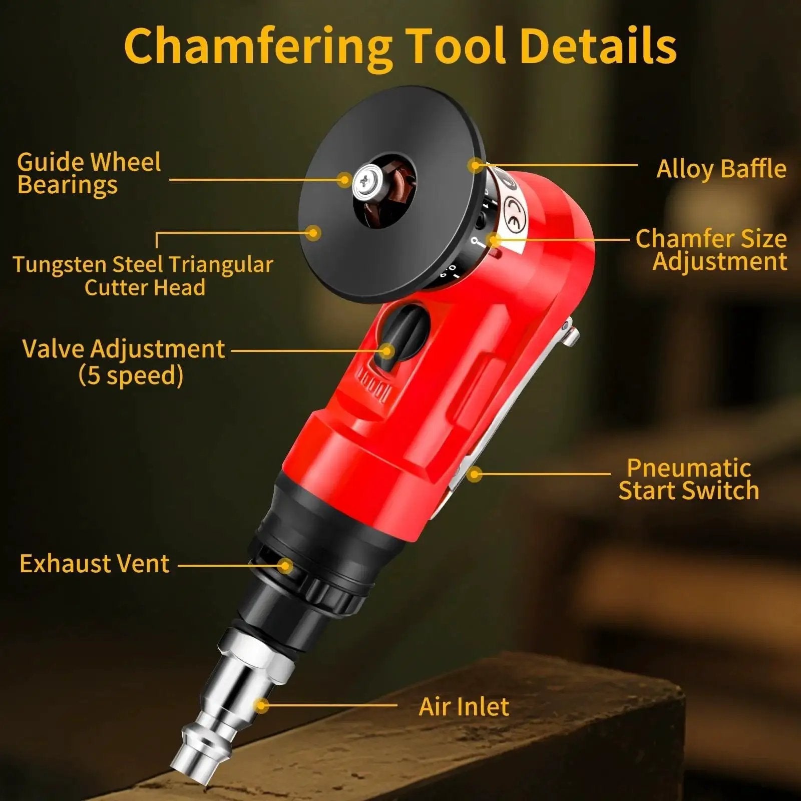2 In 1 Pneumatic Chamfer Tool For Deburring And Beveling with 45 Degree Arc Bevel, red handle, labeled parts, on workshop table