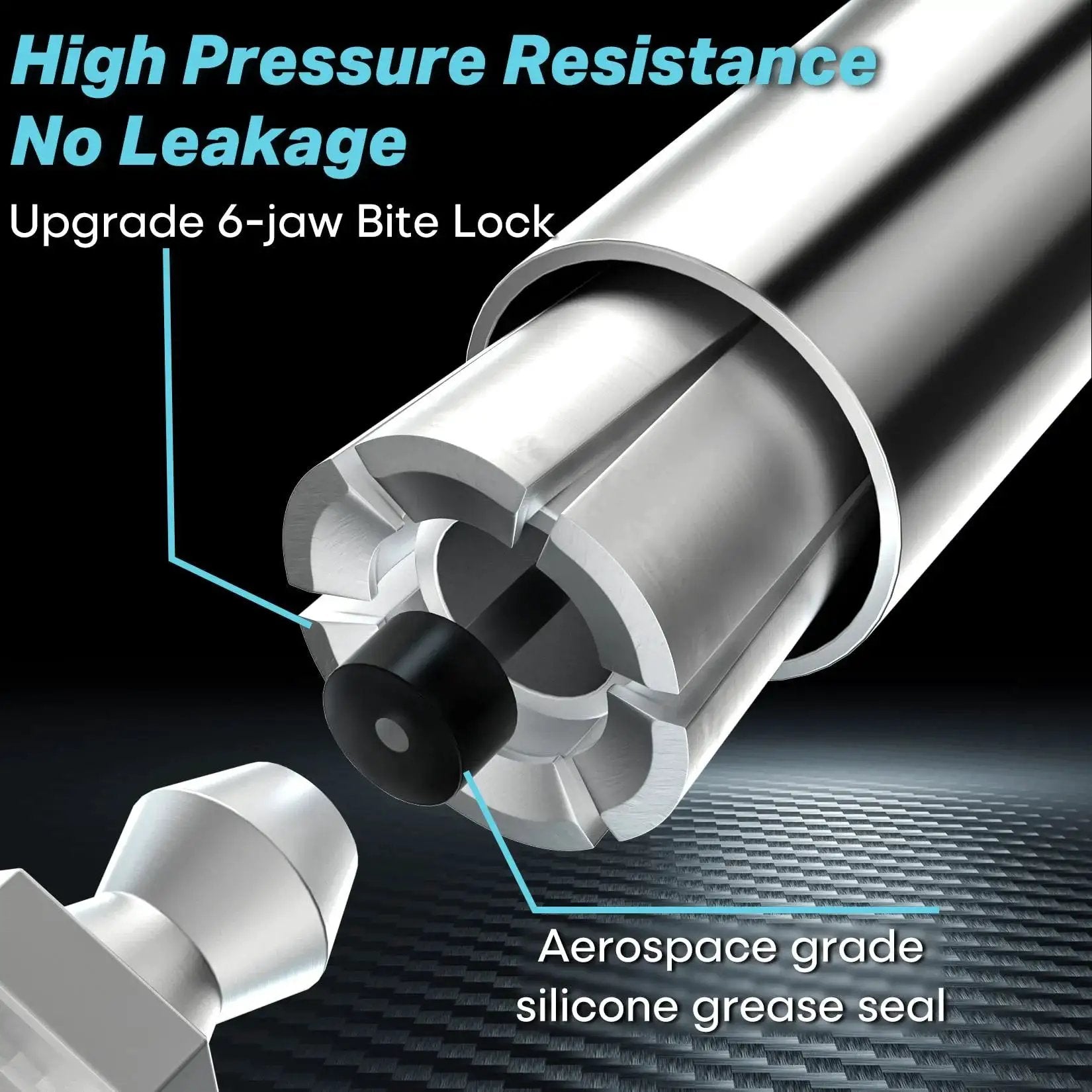 Close-up of Heavy Duty Quick Release Grease Gun Coupler With Locking 6 Jaw System showing 10,000 PSI Tip and silicone seal