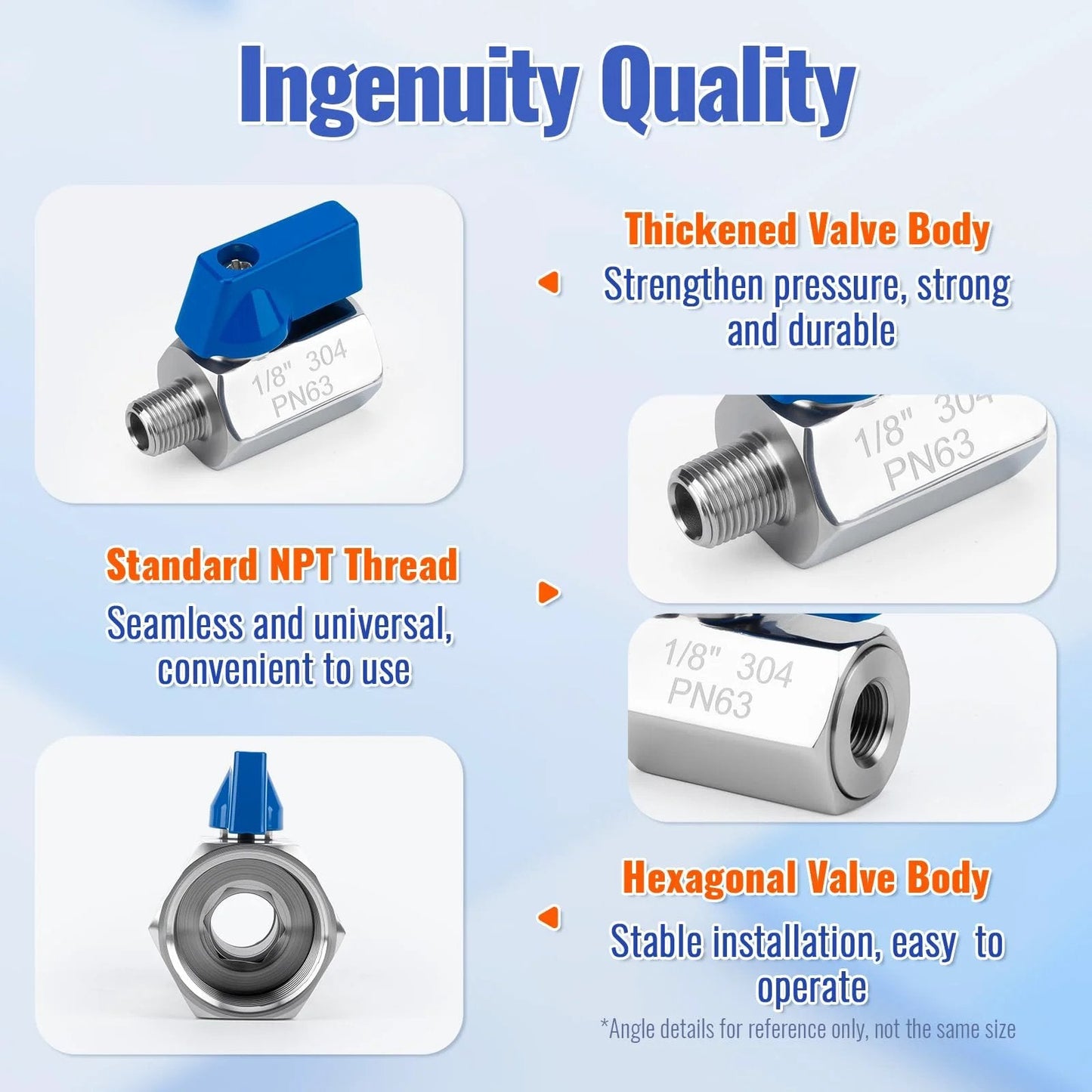 Two Pack One Eighth Inch NPT Mini Ball Valves In 304 Stainless Steel For Water Oil And Gas Flow Control Shut Off Valves With Quarter Turn Operation Compact Durable Corrosion Resistant Leak Proof Space Saving Design With Male To Female Threaded, front and side view showing design features and NPT thread.