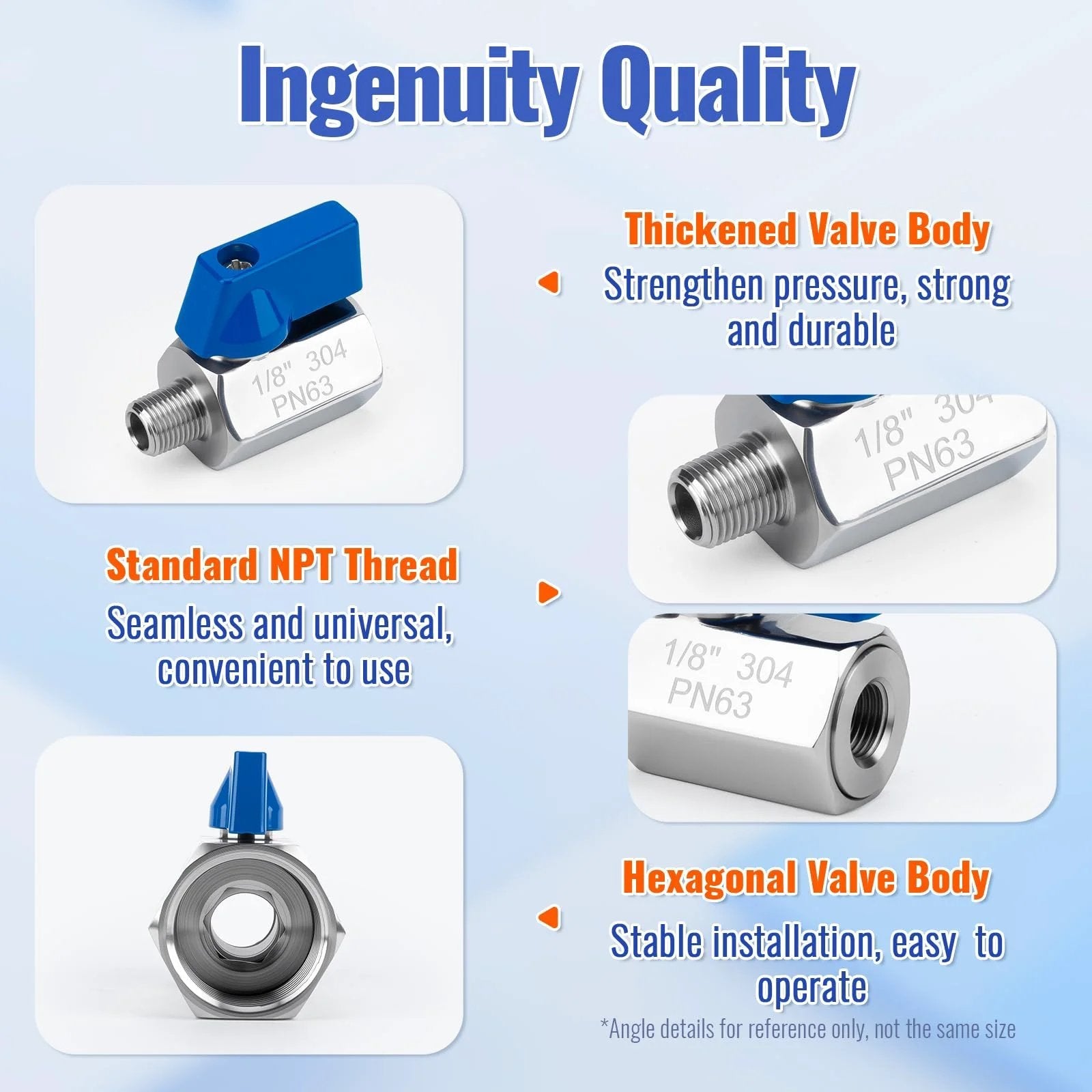 Two Pack One Eighth Inch NPT Mini Ball Valves In 304 Stainless Steel For Water Oil And Gas Flow Control Shut Off Valves With Quarter Turn Operation Compact Durable Corrosion Resistant Leak Proof Space Saving Design With Male To Female Threaded, front and side view showing design features and NPT thread.