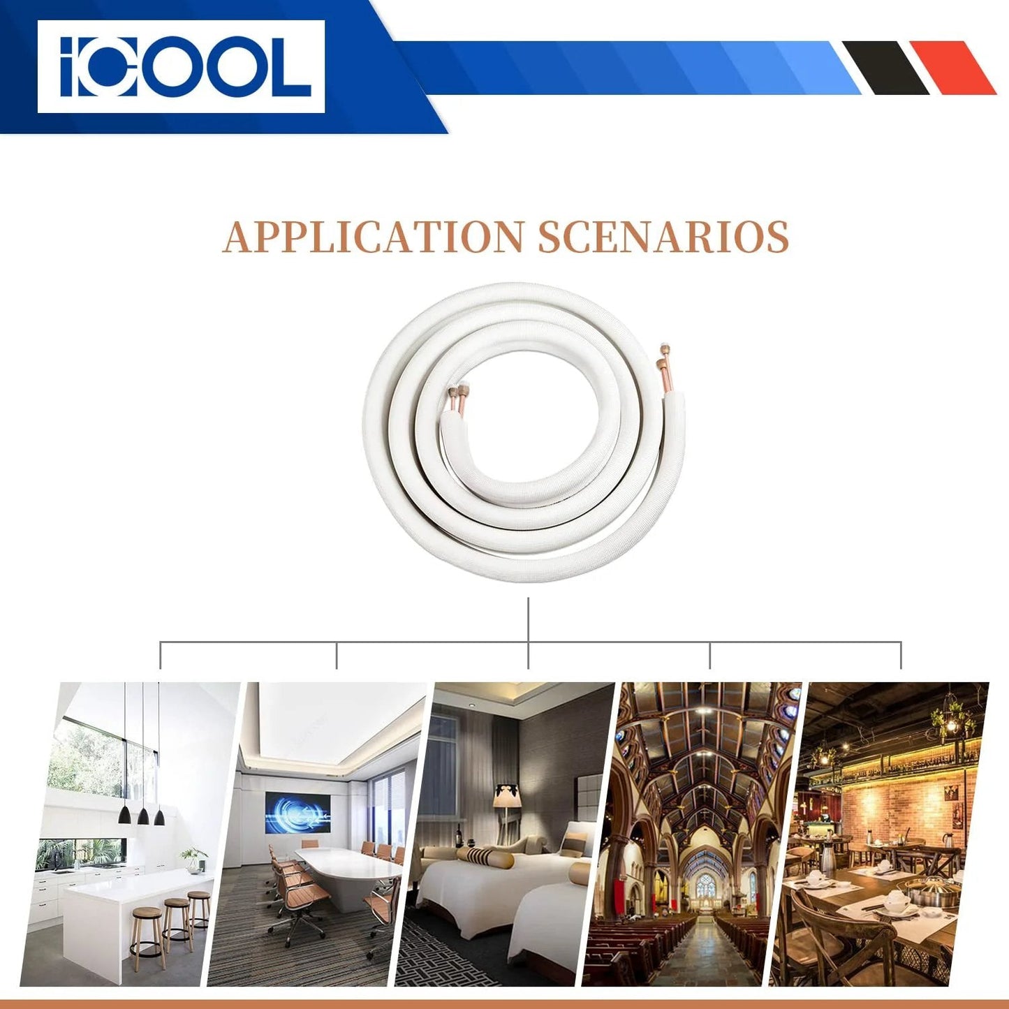 Coiled Fifty Foot Mini Split Line Set With Twin Copper Tubes One Quarter Inch And Three Eighth Inch, insulated for HVAC use, displayed with various application scenarios.